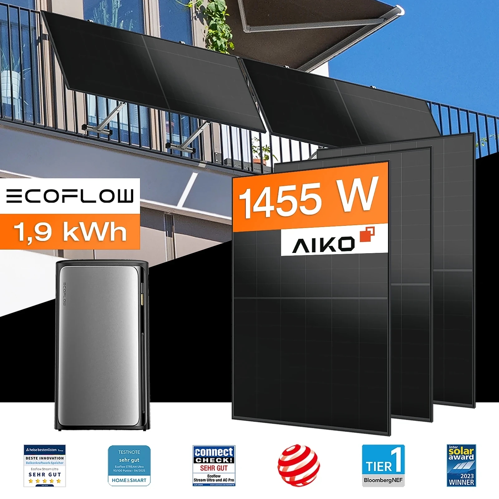 Balkonkraftwerk mit Speicher 1,92 kWh, 1455 W mit Balkonhalterung