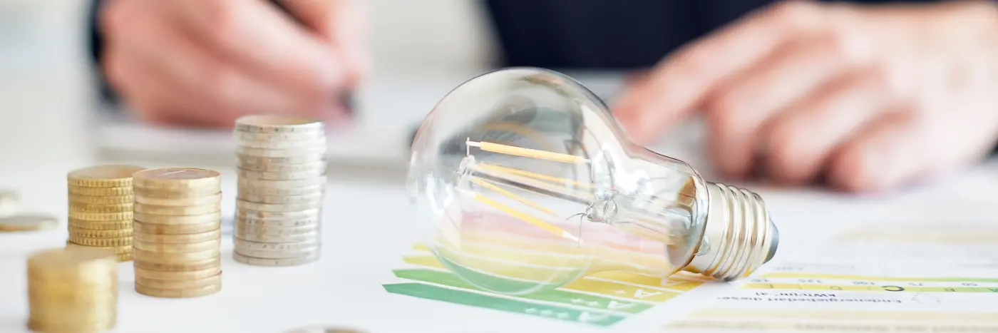 Glühbirne neben Münzstapeln und einem Stromdokument mit Diagrammen – symbolisches Bild zur geringen Wirtschaftlichkeit der Einspeisevergütung bei Balkonkraftwerken.