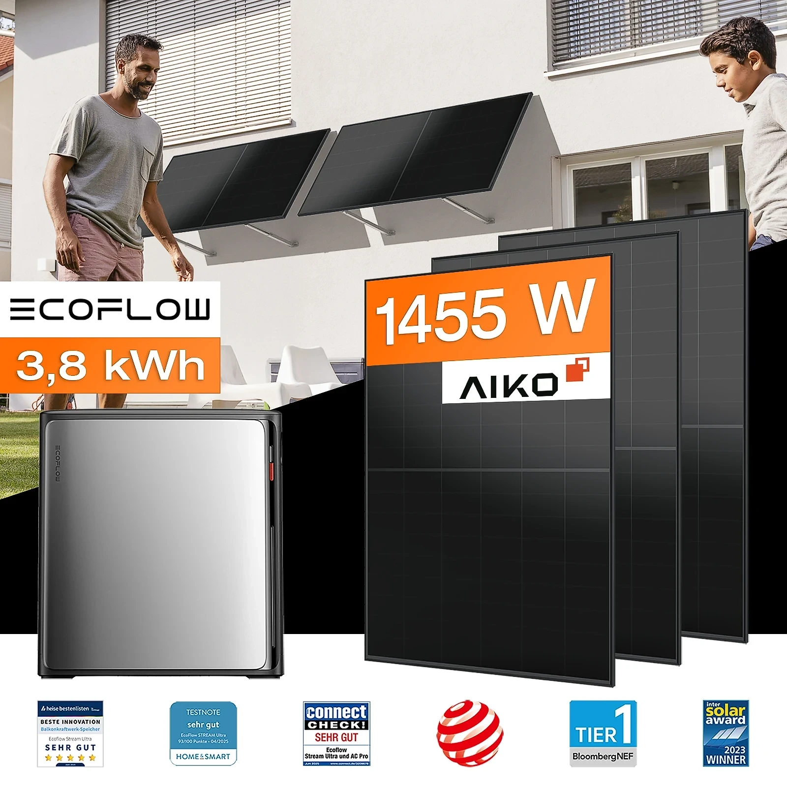 Balkonkraftwerk mit Speicher 3,84 kWh, 1455 W mit Fassadenhalterung Vario