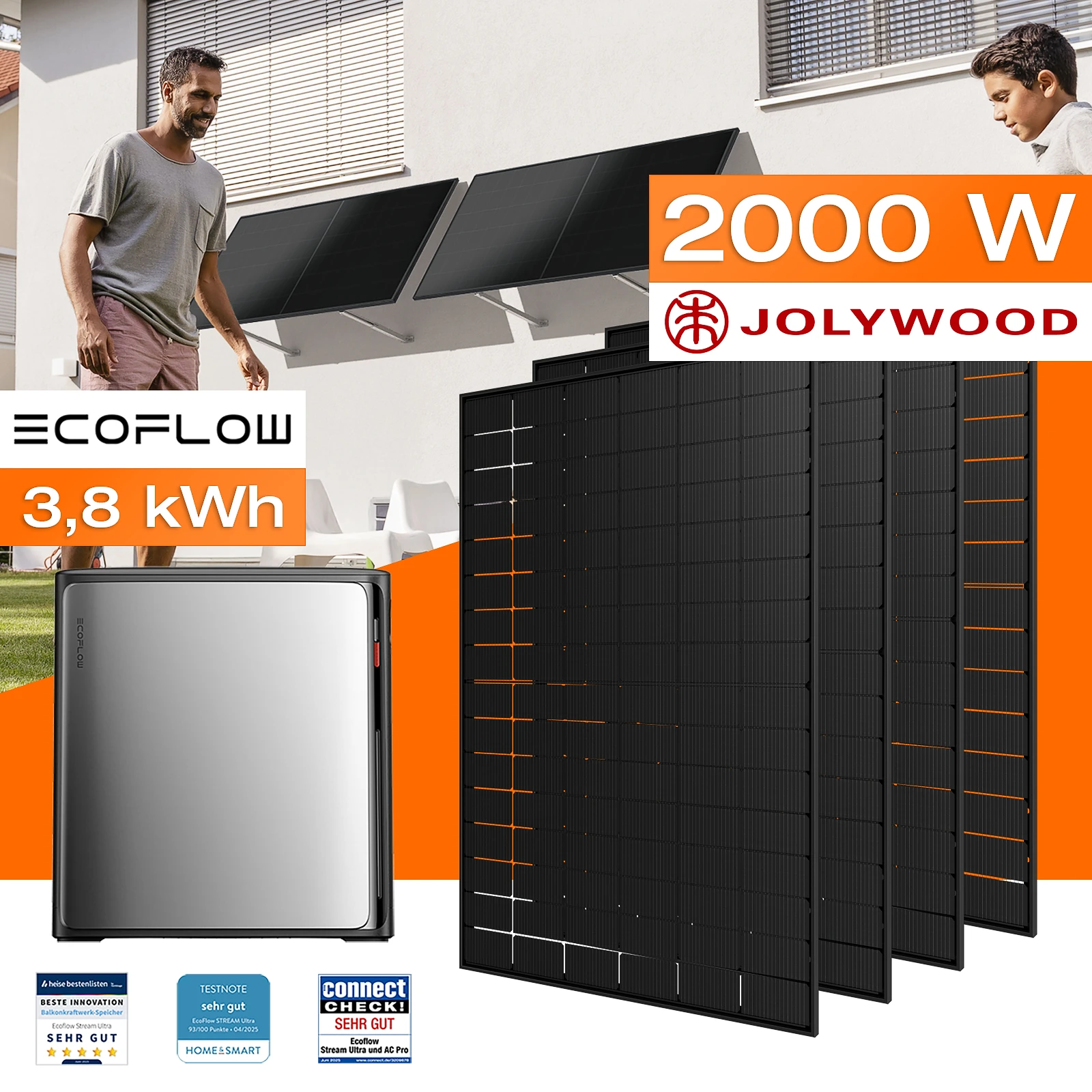 Balkonkraftwerk mit Speicher 3,84 kWh, 2000 W mit Fassadenhalterung Vario