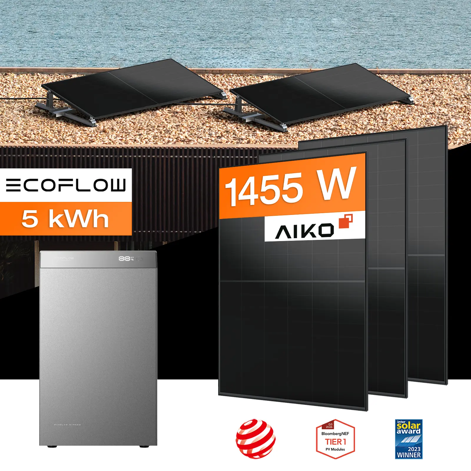 Balkonkraftwerk mit Speicher 5 kWh, 1455 W mit Flachdach / Garten Halterung