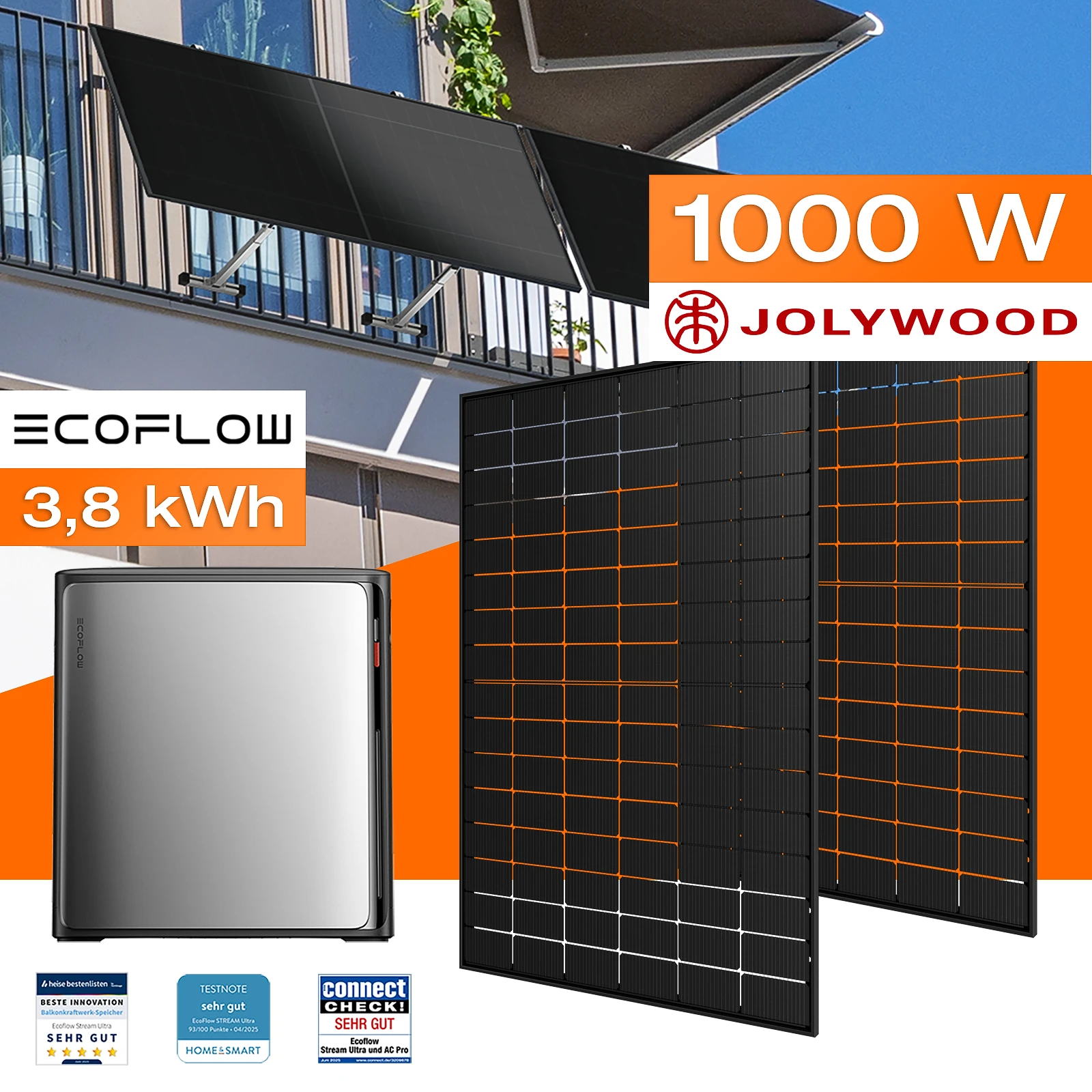 Balkonkraftwerk mit Speicher 3,84 kWh, 1000 W mit Balkonhalterung