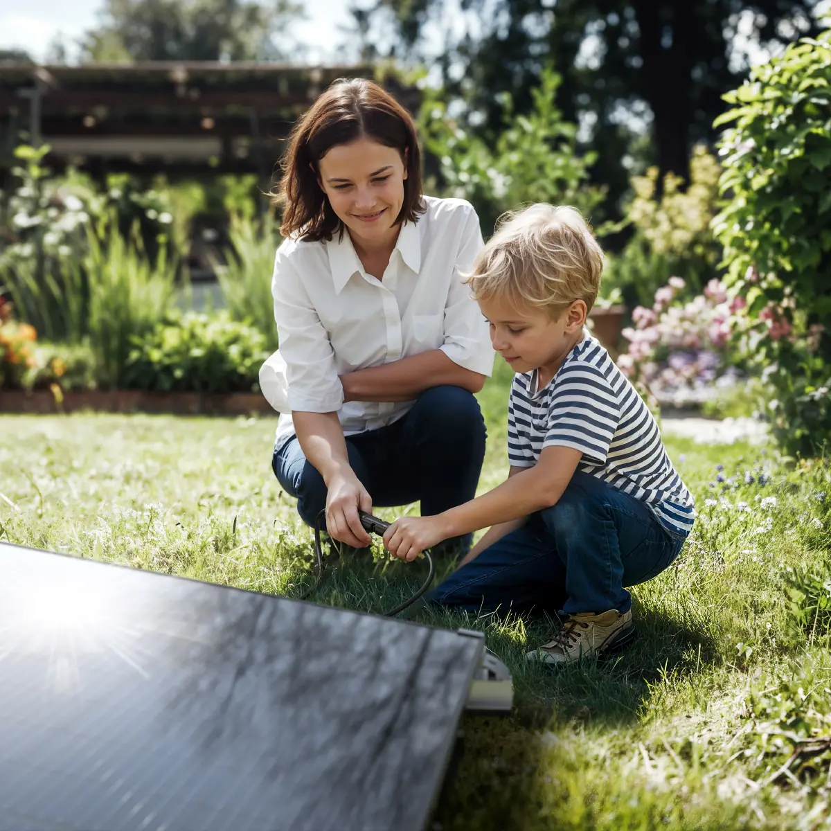 Gemeinsames Anschließen eines Solarpanels im Garten – einfache PV-Installation im Alltag