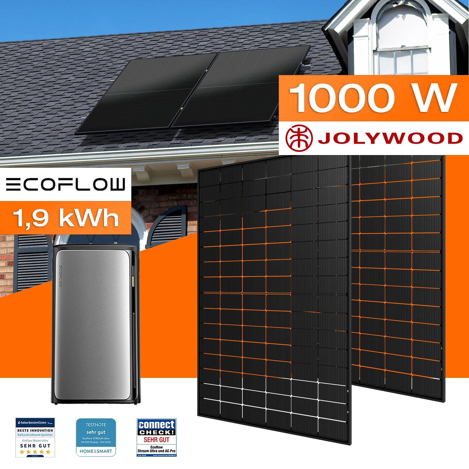Balkonkraftwerk mit Speicher 1,92 kWh, 1000 W Mit Montagesystem für Ziegeldach
