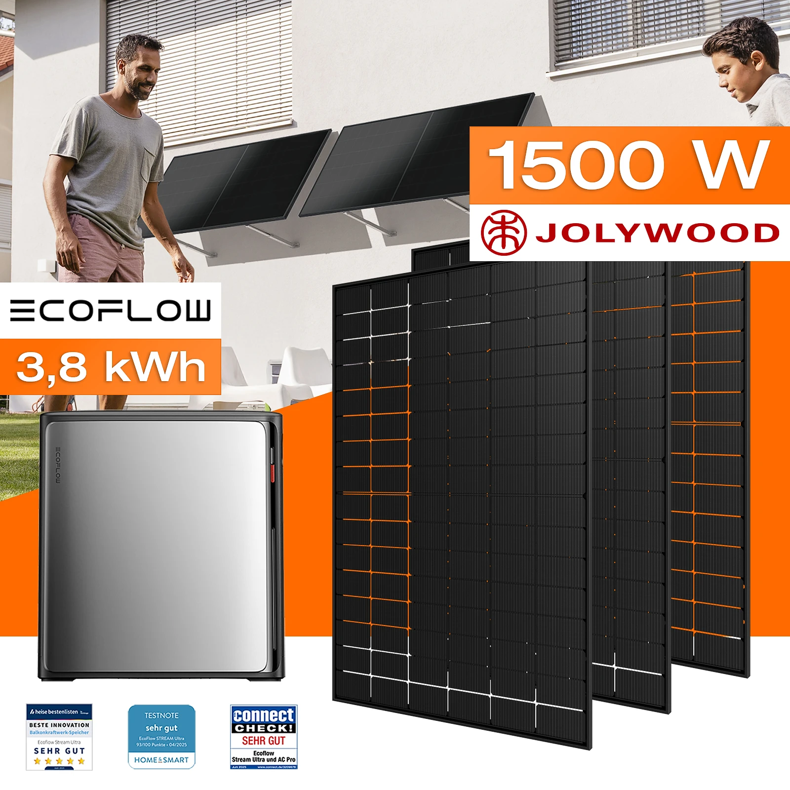 Balkonkraftwerk mit Speicher 3,84 kWh, 1500 W mit Fassadenhalterung Vario