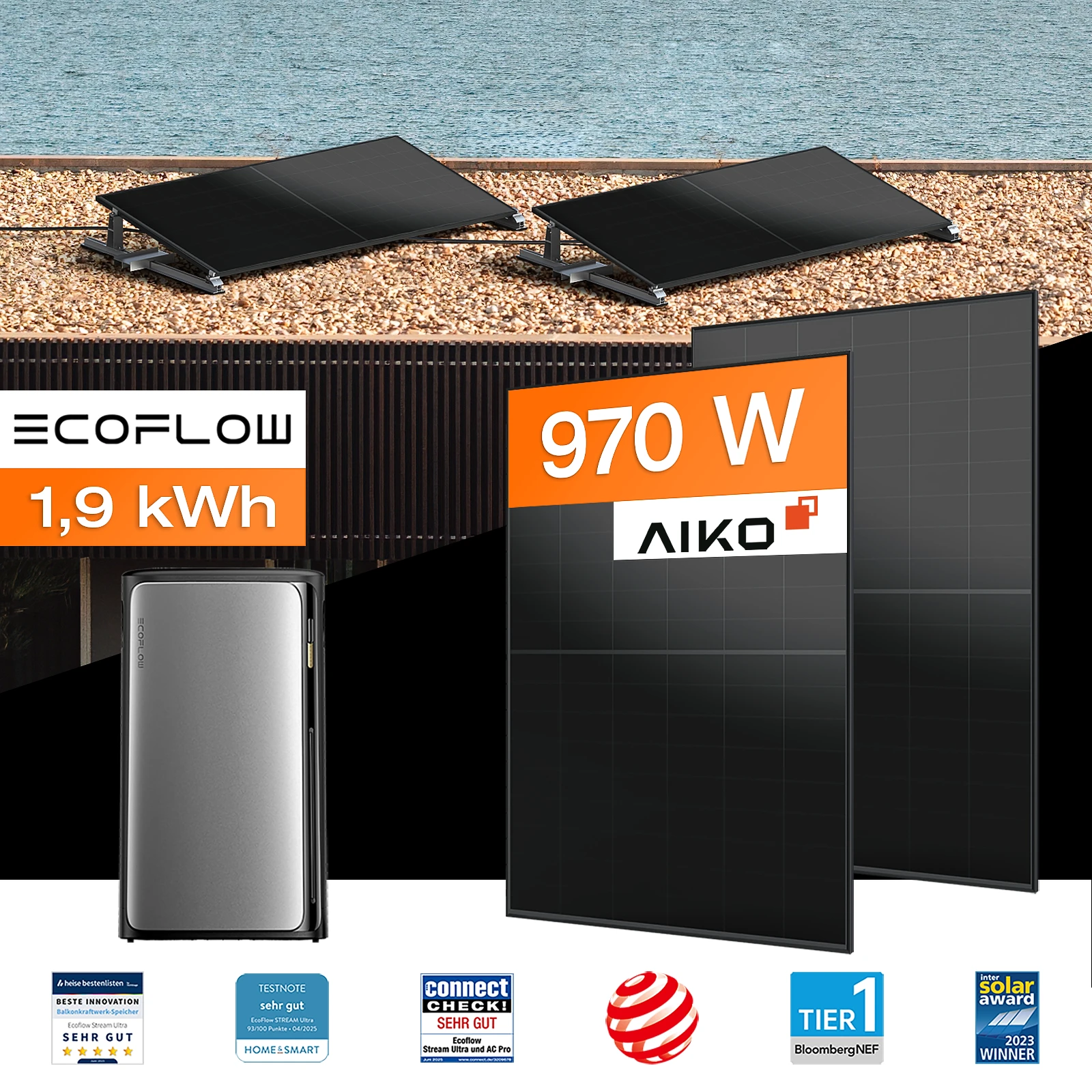 Balkonkraftwerk mit Speicher 1,92 kWh, 970 W mit Flachdach / Garten Halterung