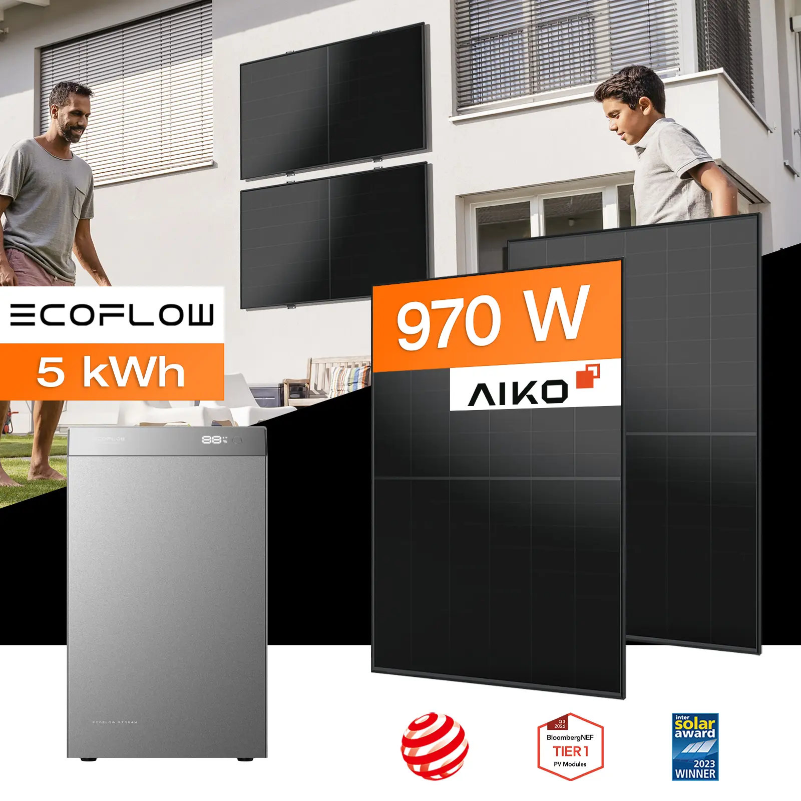 Balkonkraftwerk mit Speicher 5 kWh, 970 W mit Fassadenhalterung