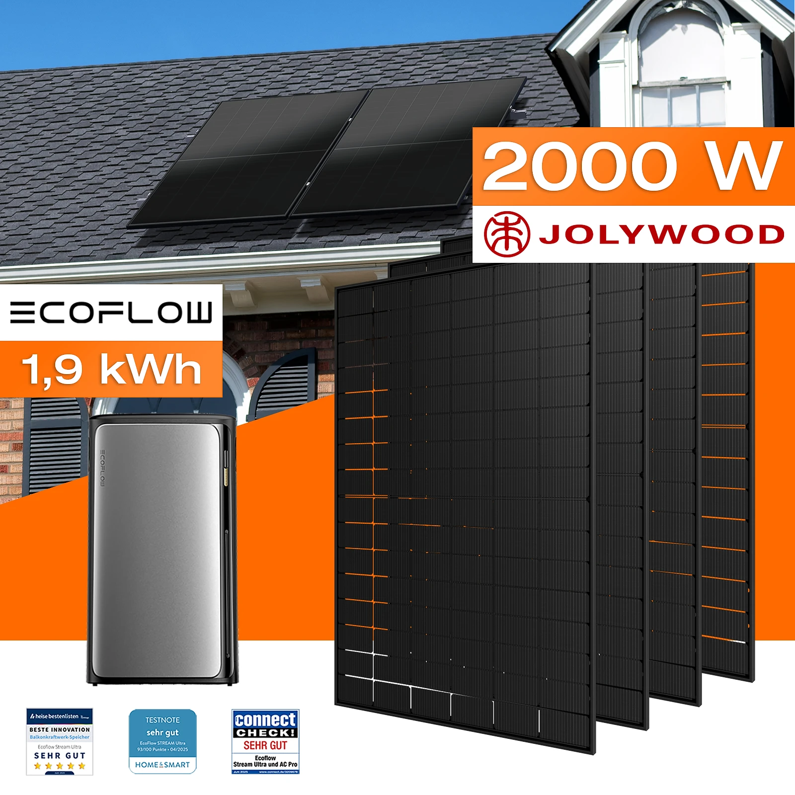 Balkonkraftwerk mit Speicher 1,92 kWh, 2000 W Mit Montagesystem für Ziegeldach
