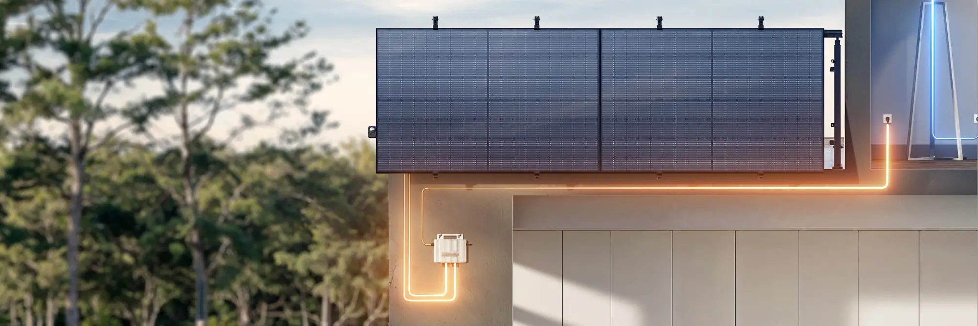 Hausfassade mit Solarpanels auf dem Dach und schematischer Darstellung elektrischer Leitungen – Funktionsweise eines Balkonkraftwerks zur Einspeisung von Solarstrom ins Hausnetz anschaulich erklärt.