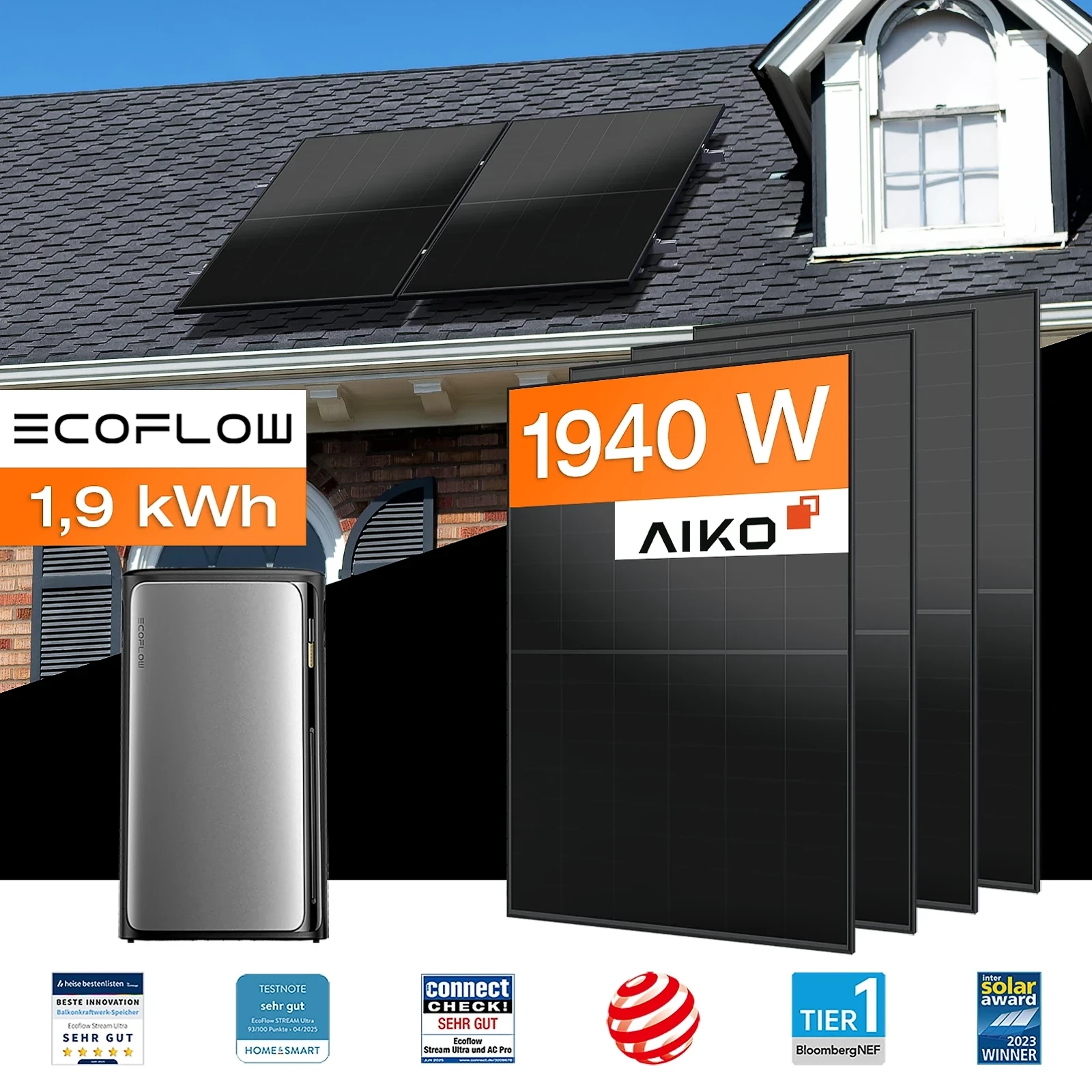 Balkonkraftwerk mit Speicher 1,92 kWh, 1940 W Mit Montagesystem für Ziegeldach