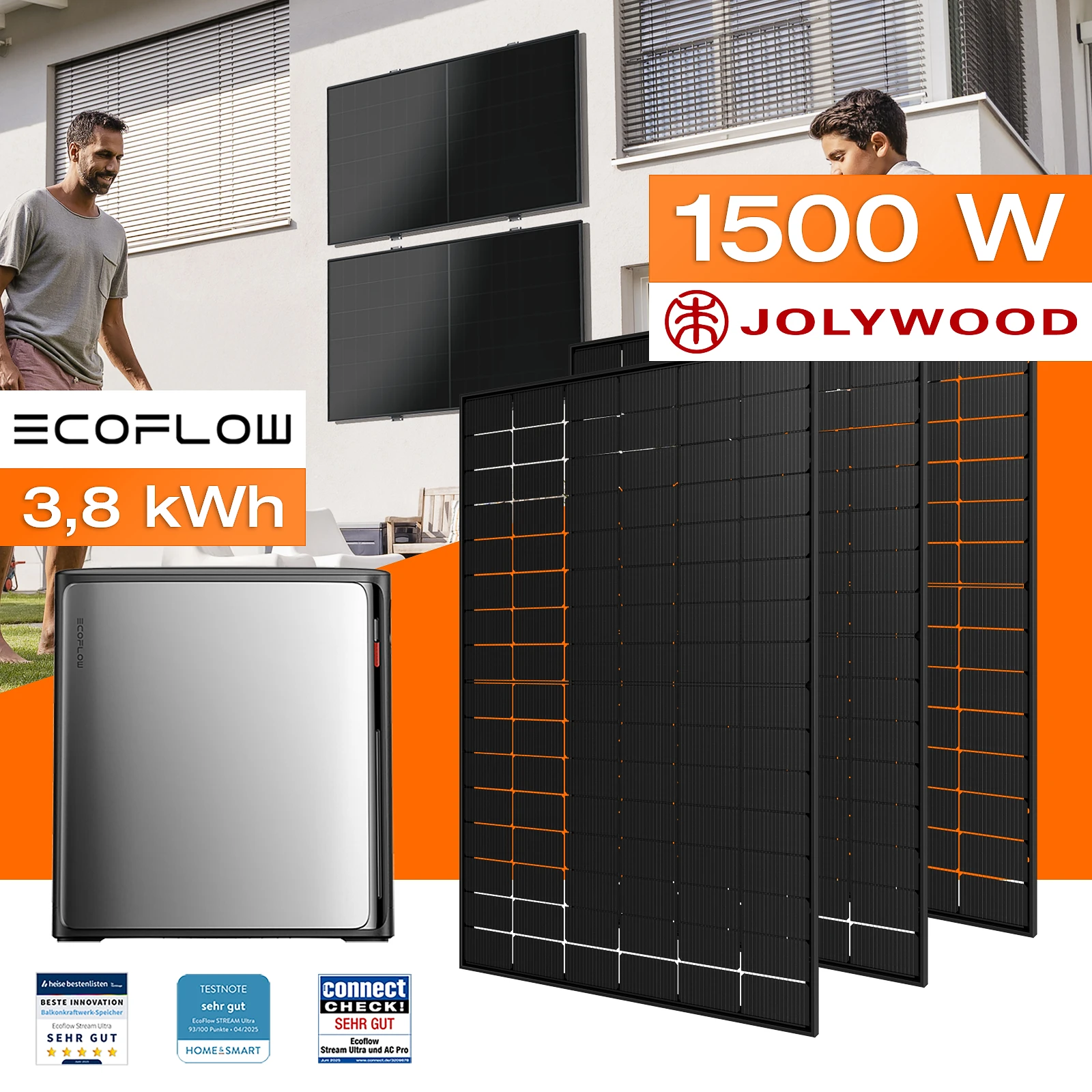 Balkonkraftwerk mit Speicher 3,84 kWh, 1500 W mit Fassadenhalterung