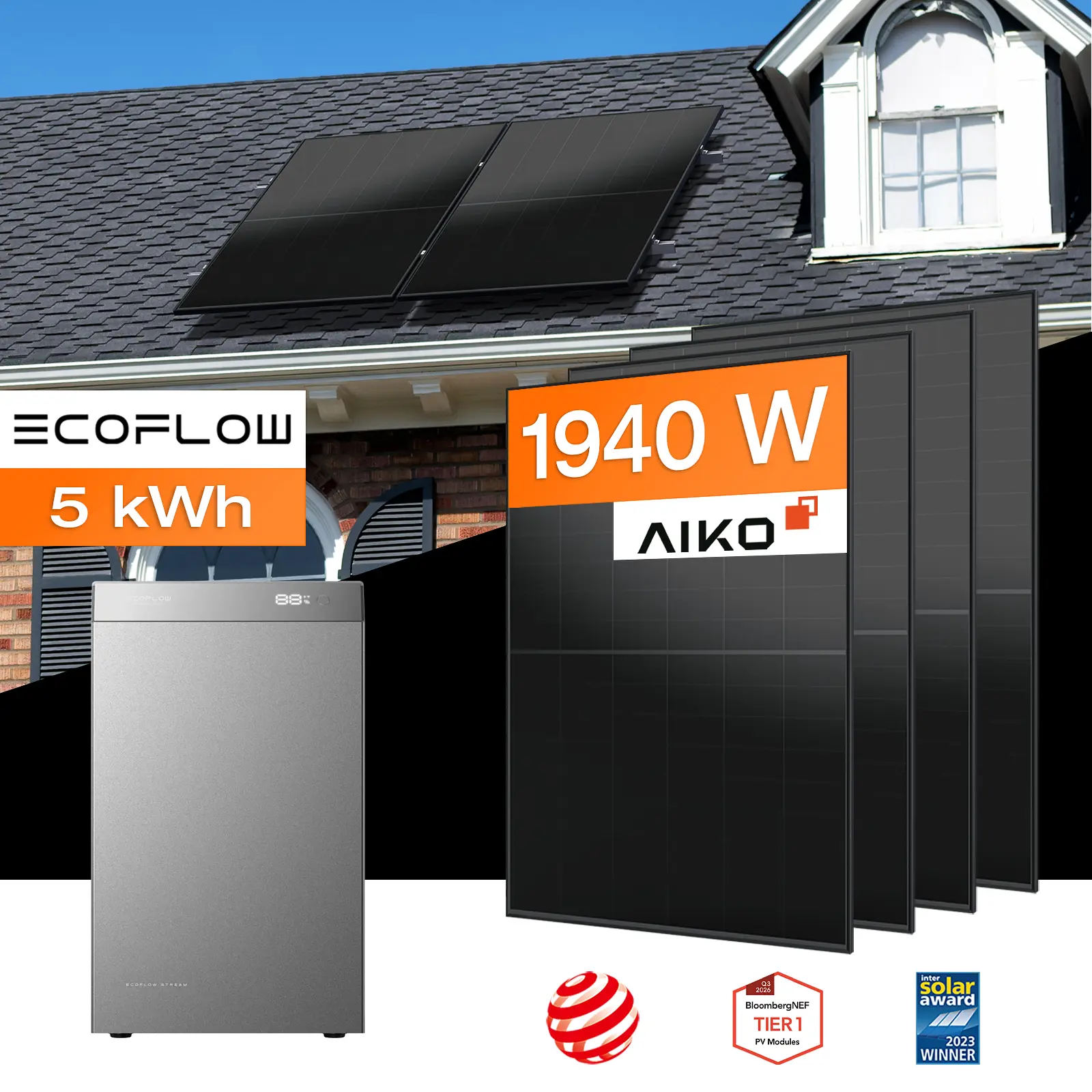 Balkonkraftwerk mit Speicher 5 kWh, 1940 W mit Montagesystem für Ziegeldach