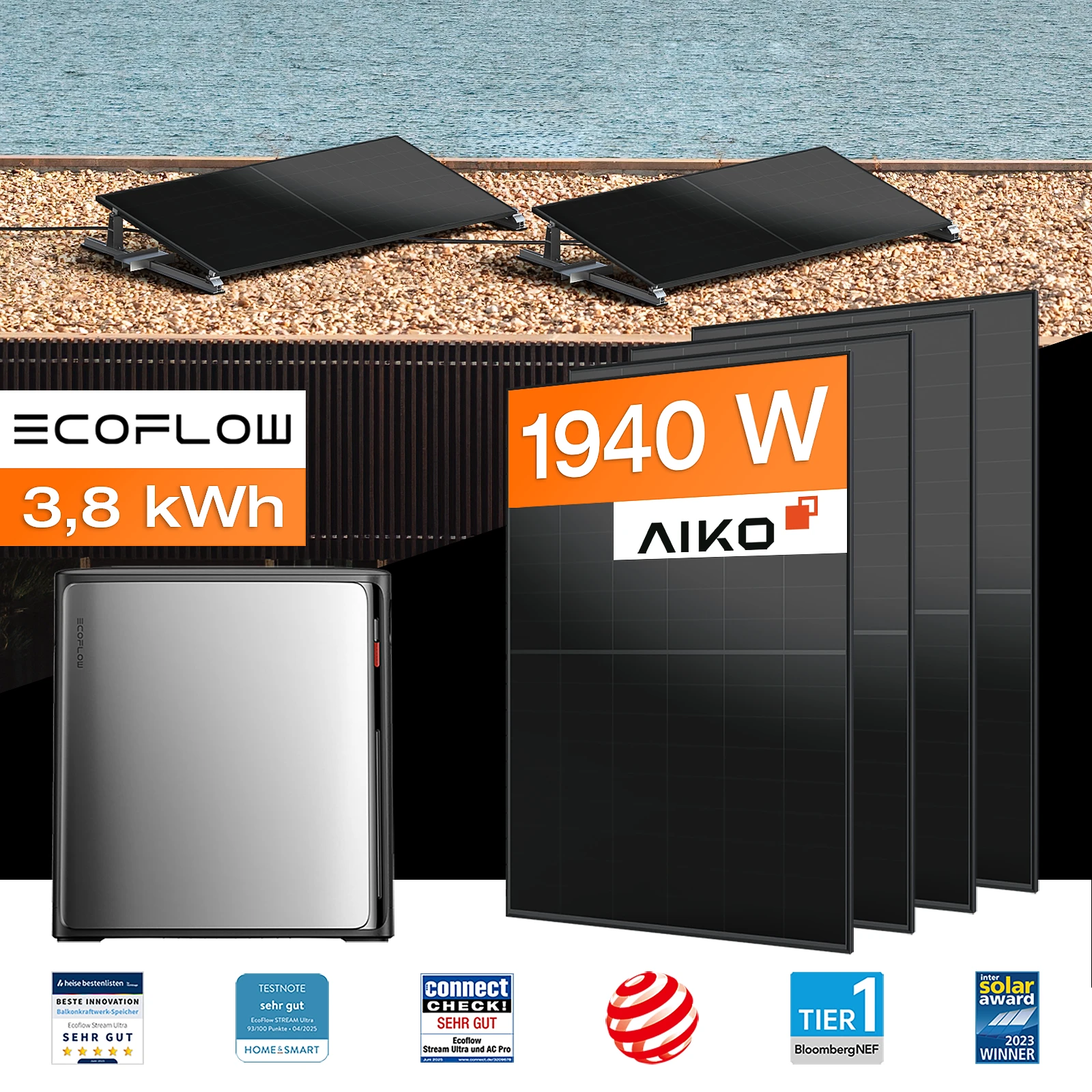 Balkonkraftwerk mit Speicher 3,84 kWh, 1940 W mit Flachdach / Garten Halterung