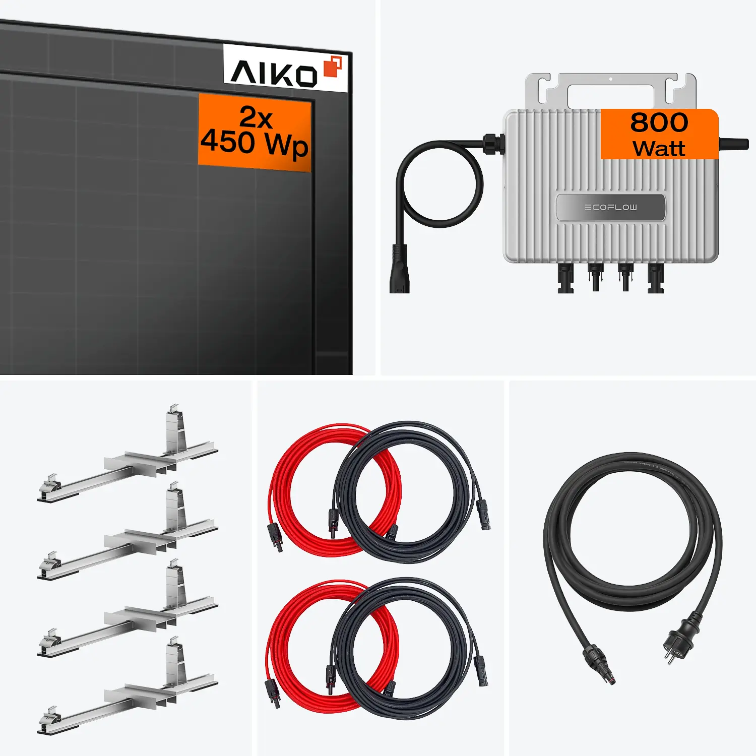 Lieferumfang des 800 W Balkonkraftwerks für Flachdach und Garten – Solarpanels, Halterung und Zubehör