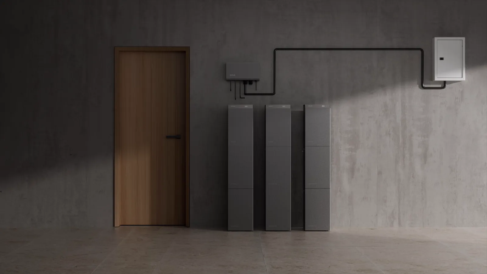 STREAM Gateway an der Wand, darunter drei Speichertürme mit je zwei Zusatzspeichern, rechts der Zählerschrank