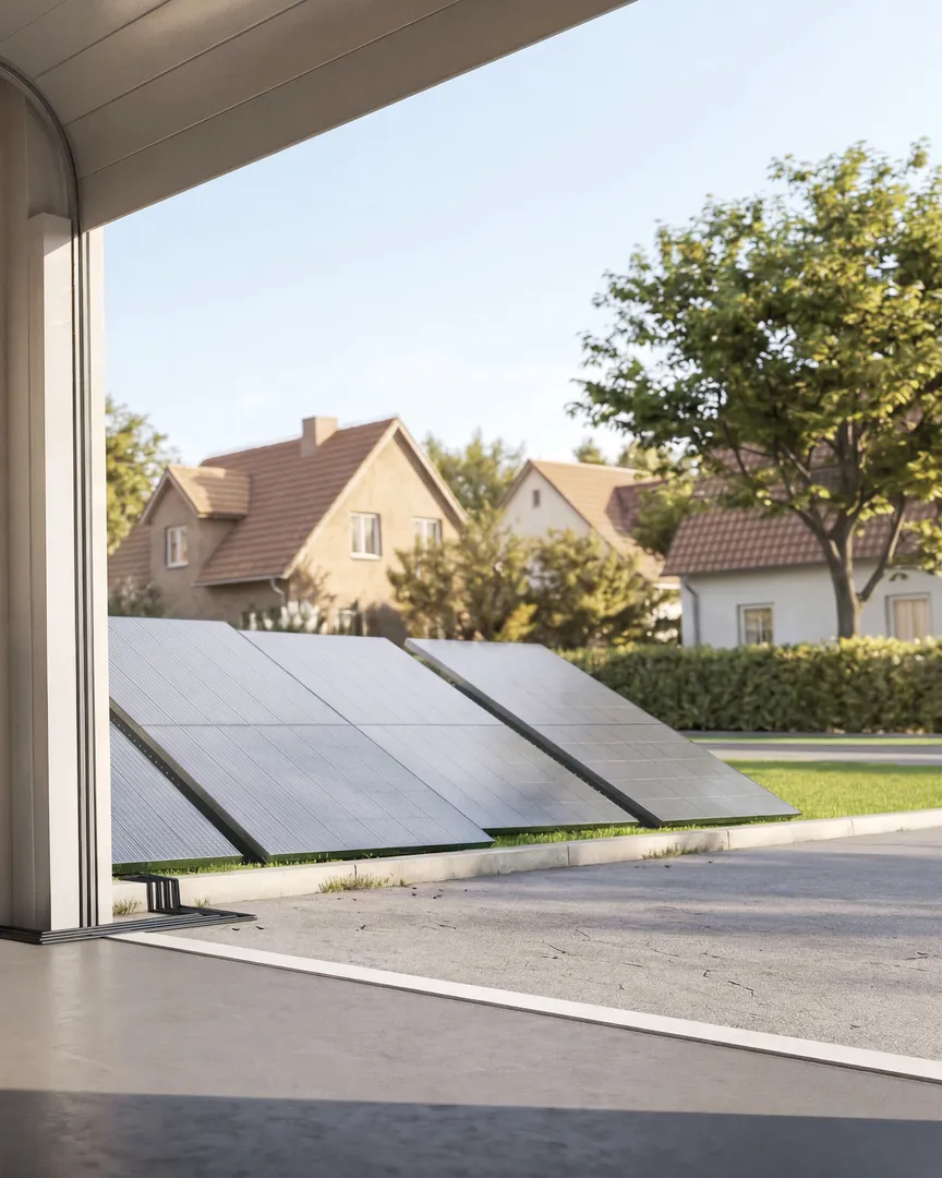 Solarmodule im Garten vor einer Garage mit Speicher