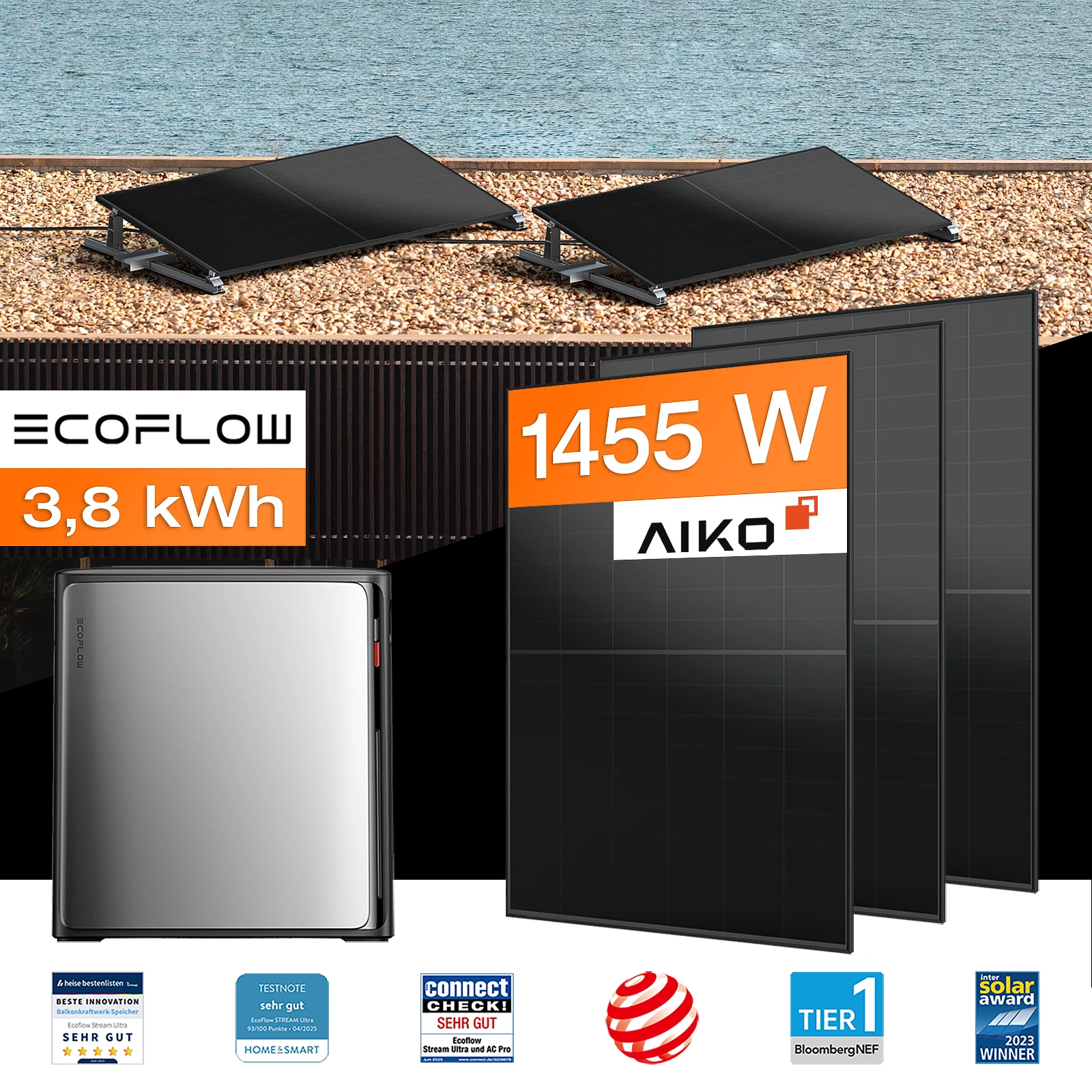 Balkonkraftwerk mit Speicher 3,84 kWh, 1455 W mit Flachdach / Garten Halterung