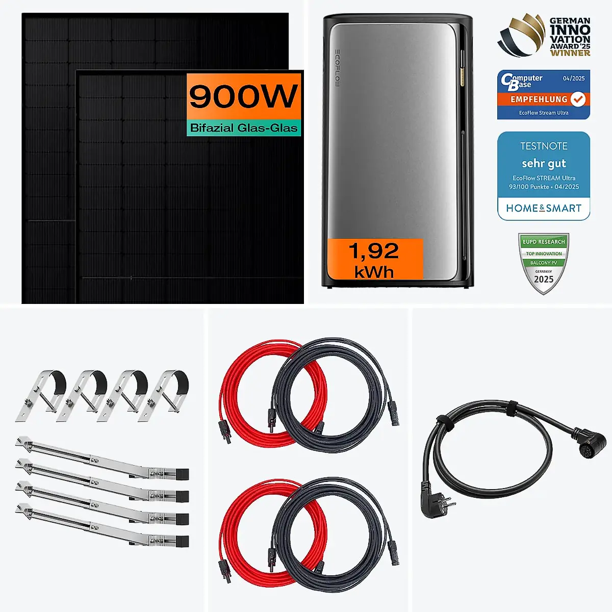 Balkonkraftwerk mit Speicher 900 W Komplettset Ultra mit Gittergeländer Halterung