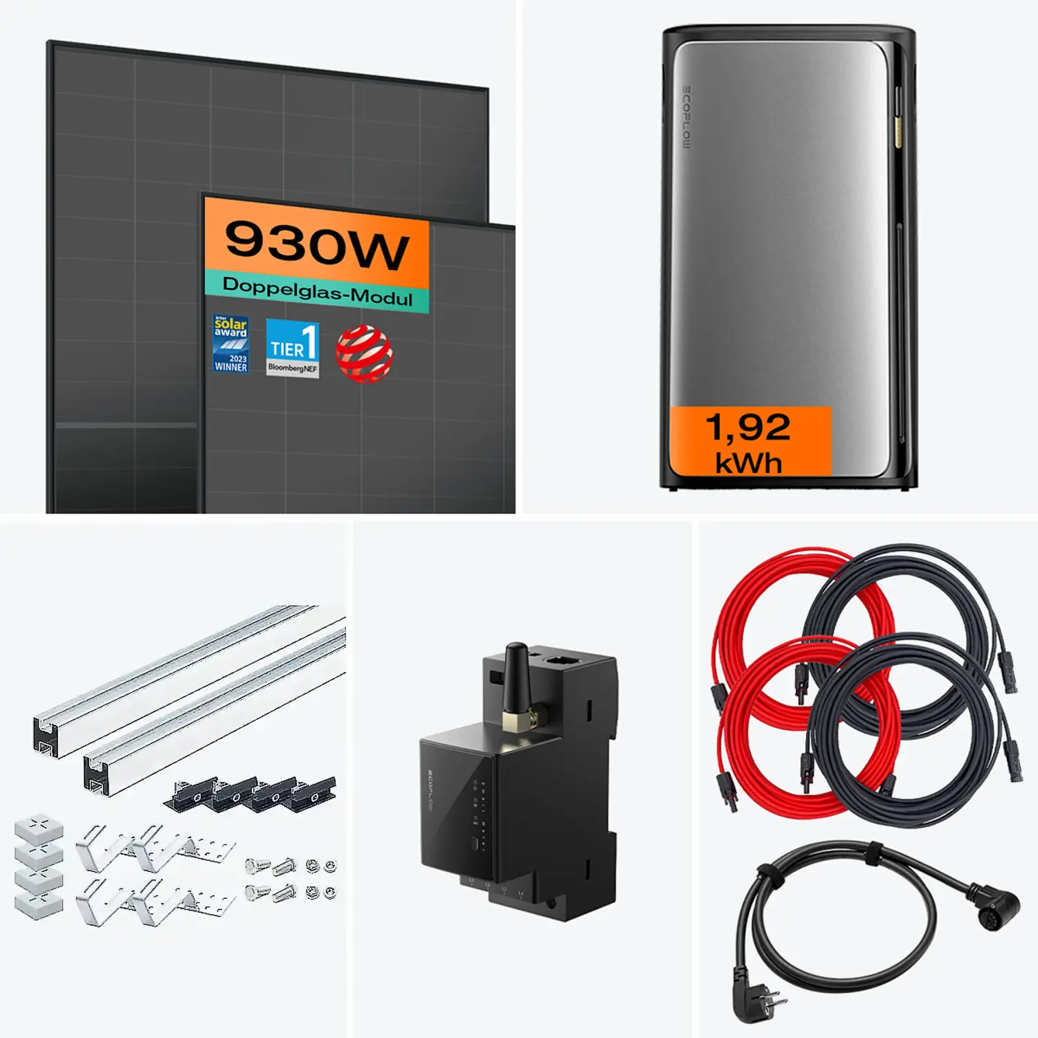 Balkonkraftwerk mit Speicher 930 W Komplettset Max mit Ziegeldach Halterung