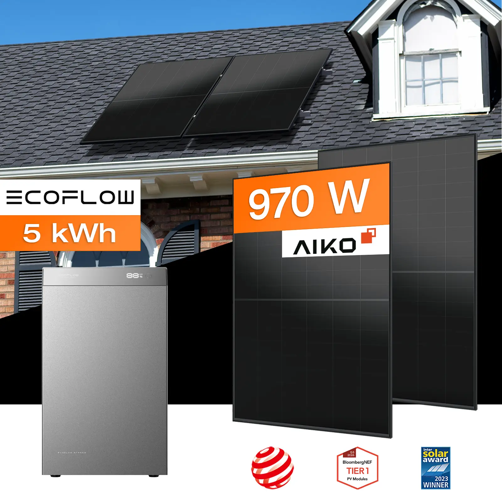 Balkonkraftwerk mit Speicher 5 kWh, 970 W mit Montagesystem für Ziegeldach
