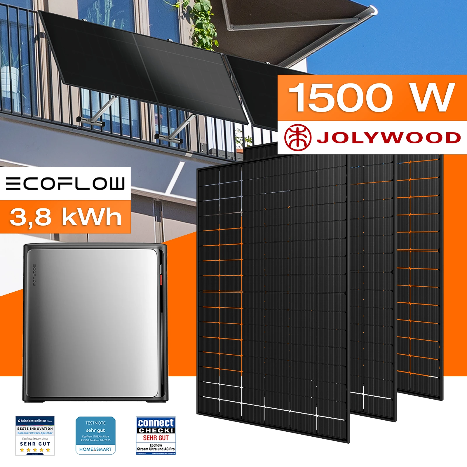 Balkonkraftwerk mit Speicher 3,84 kWh, 1500 W mit Balkonhalterung