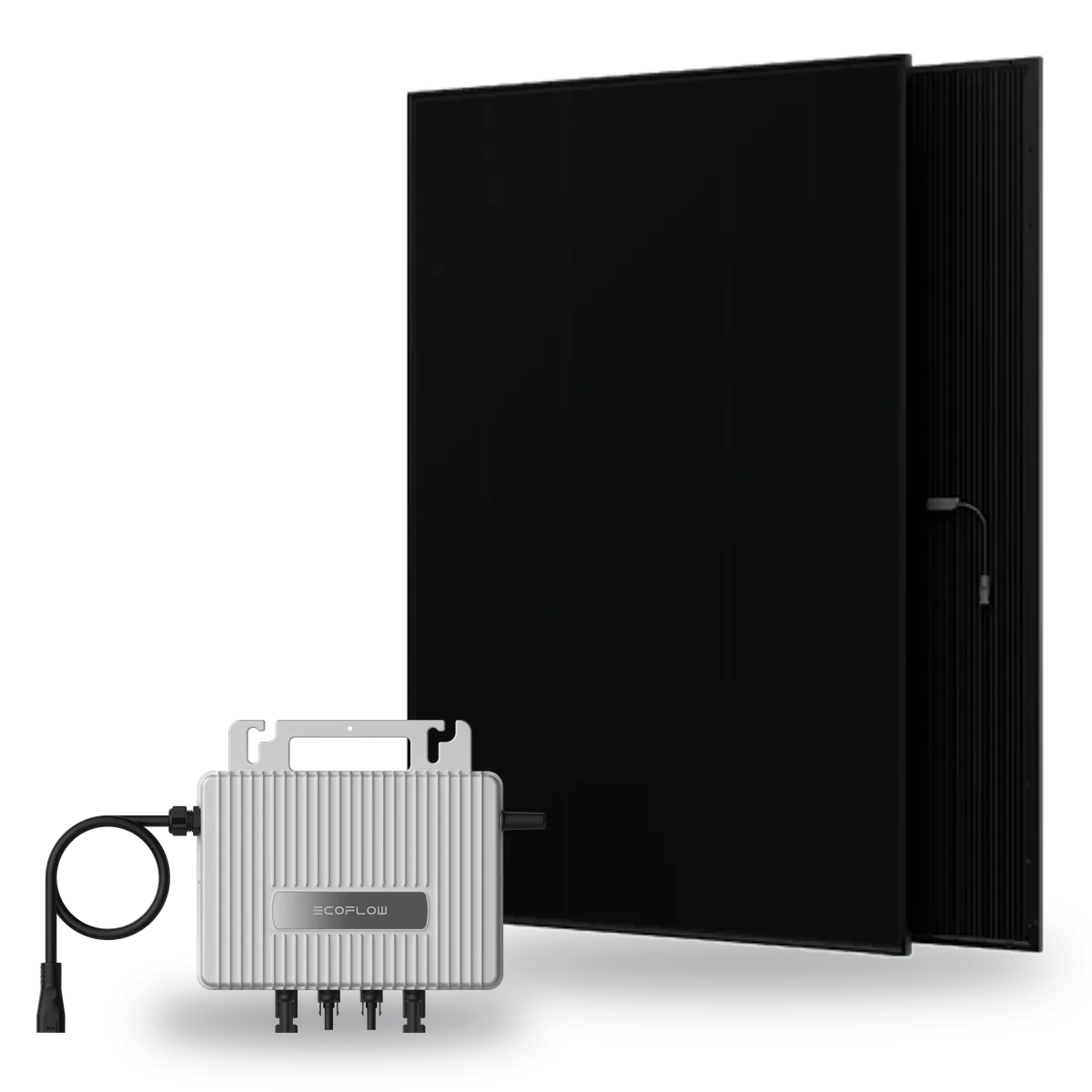 EcoFlow STREAM Mikro-Wechselrichter vor einem schwarzen AIKO-Solarmodul