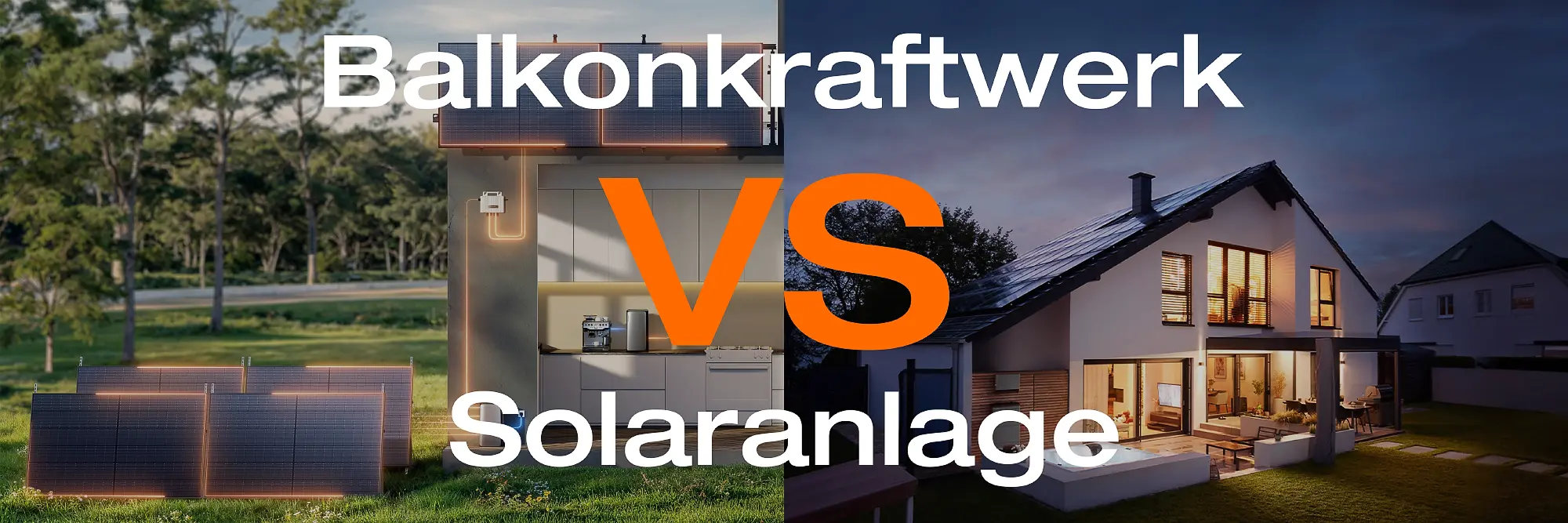 Vergleich zwischen Balkonkraftwerk mit zwei Solarmodulen im Garten und klassischer Dach-Photovoltaikanlage auf einem Einfamilienhaus – bildliche Gegenüberstellung von Mini-PV und großer PV-Anlage.