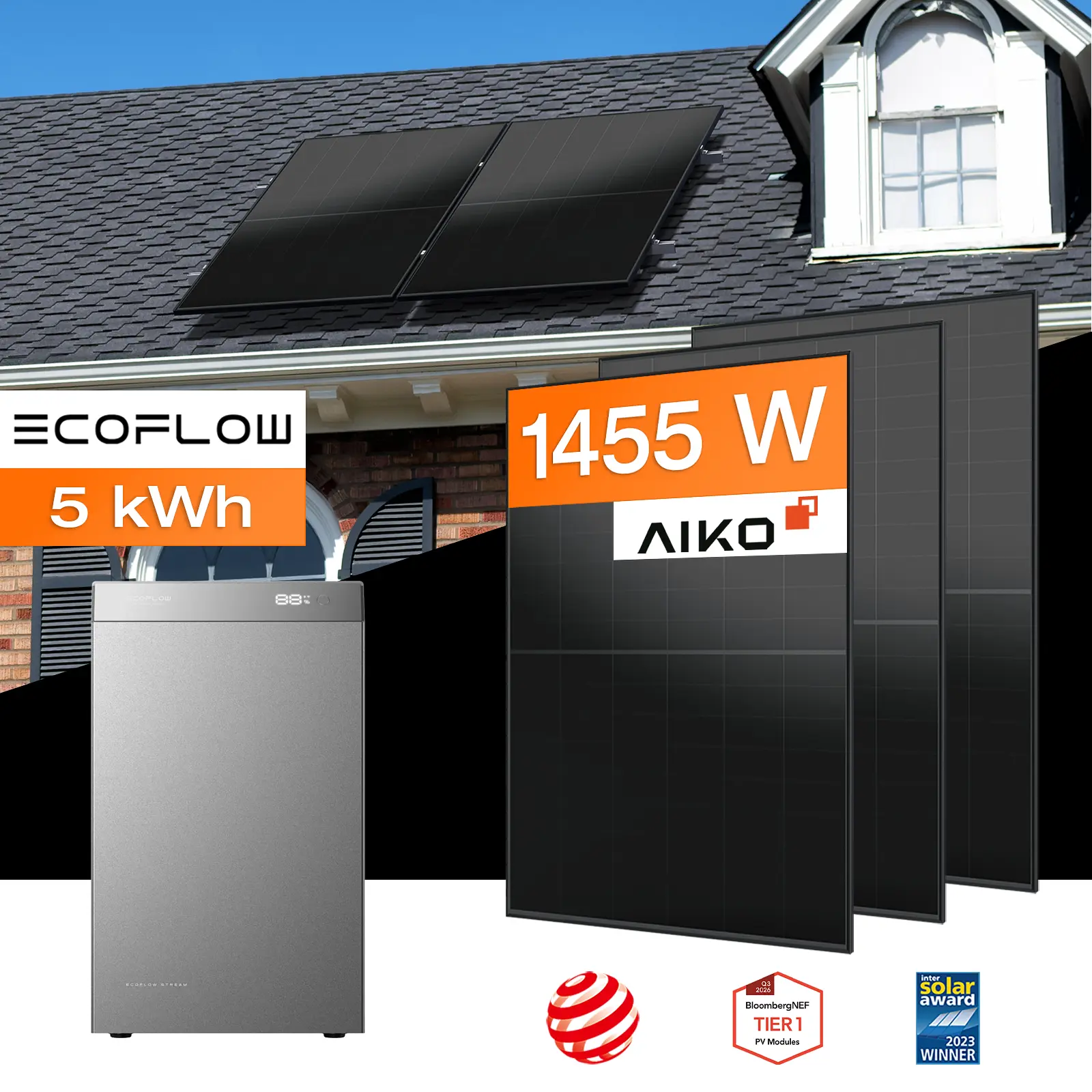 Balkonkraftwerk mit Speicher 5 kWh, 1455 W mit Montagesystem für Ziegeldach