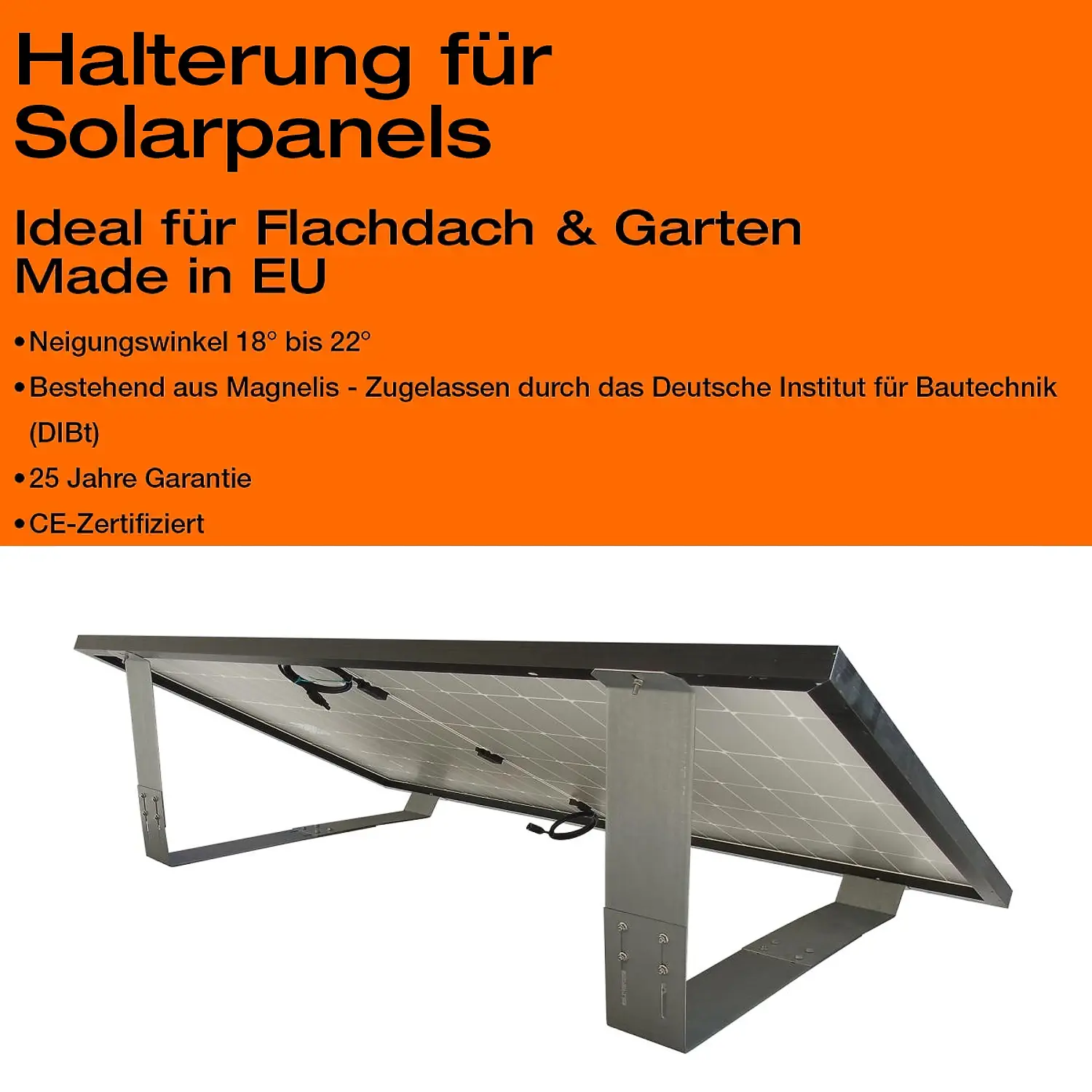 Visualisierung der Flachdach-/Gartenhalterung für Solarmodule – mit Produktinfos im Bild