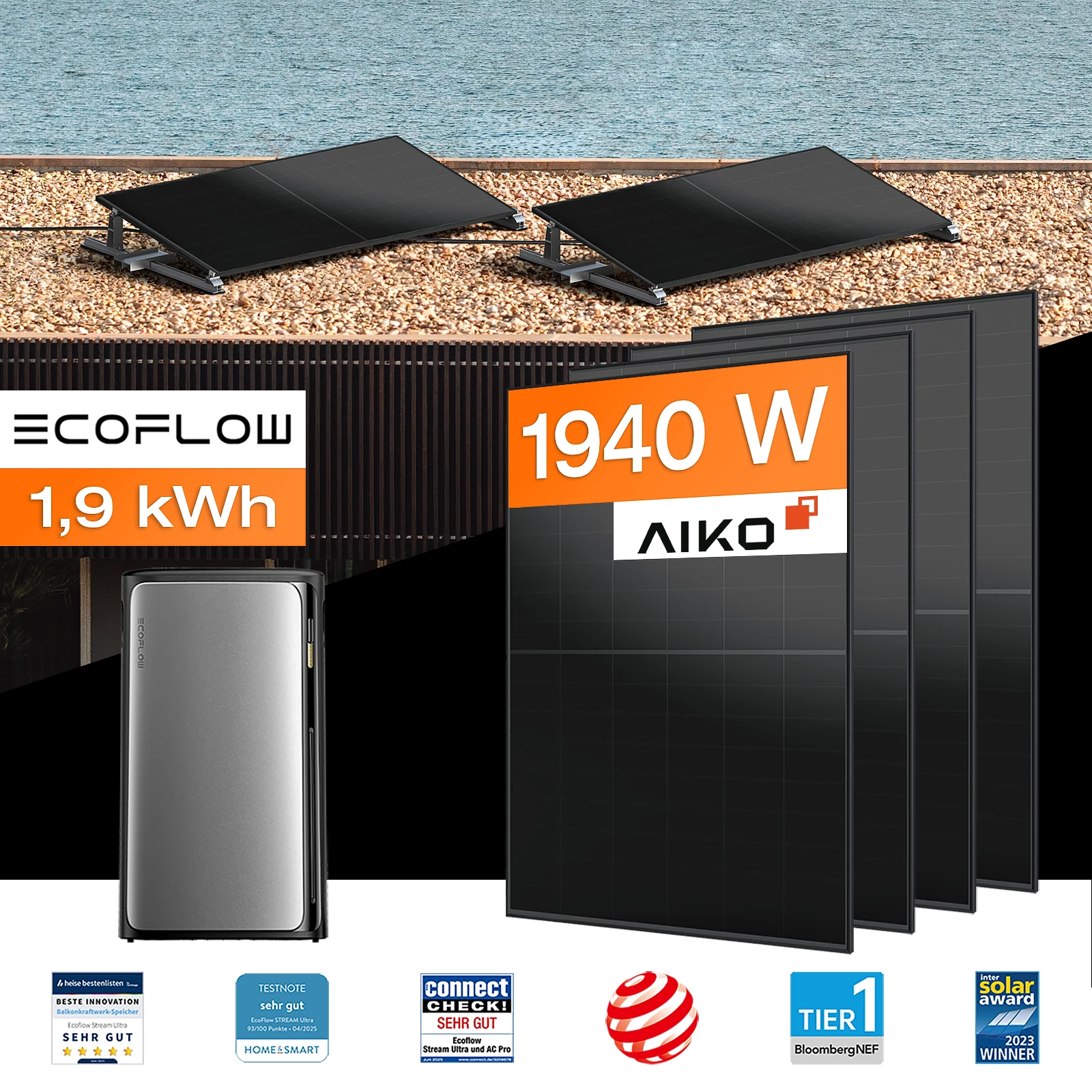 Balkonkraftwerk mit Speicher 1,92 kWh, 1940 W mit Flachdach / Garten Halterung