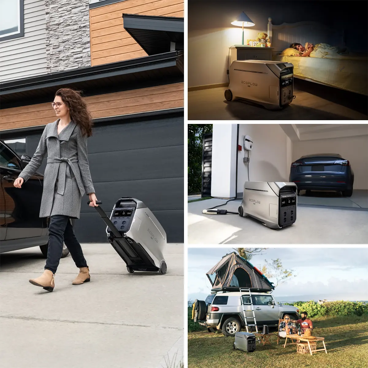EcoFlow Delta Pro 3 Powerstation im Einsatz: mobil vor dem Haus, im Kinderzimmer, beim E-Auto-Laden und beim Camping