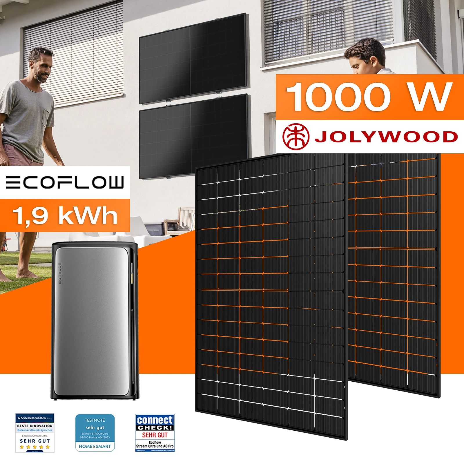 Balkonkraftwerk mit Speicher 1,92 kWh, 1000 W mit Fassadenhalterung