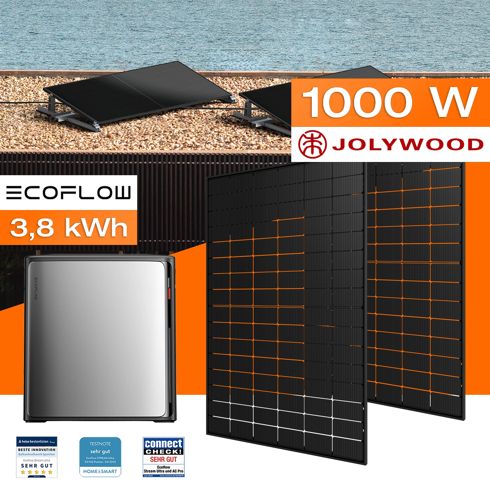 Balkonkraftwerk mit Speicher 3,84 kWh, 1000 W mit Flachdach / Garten Halterung