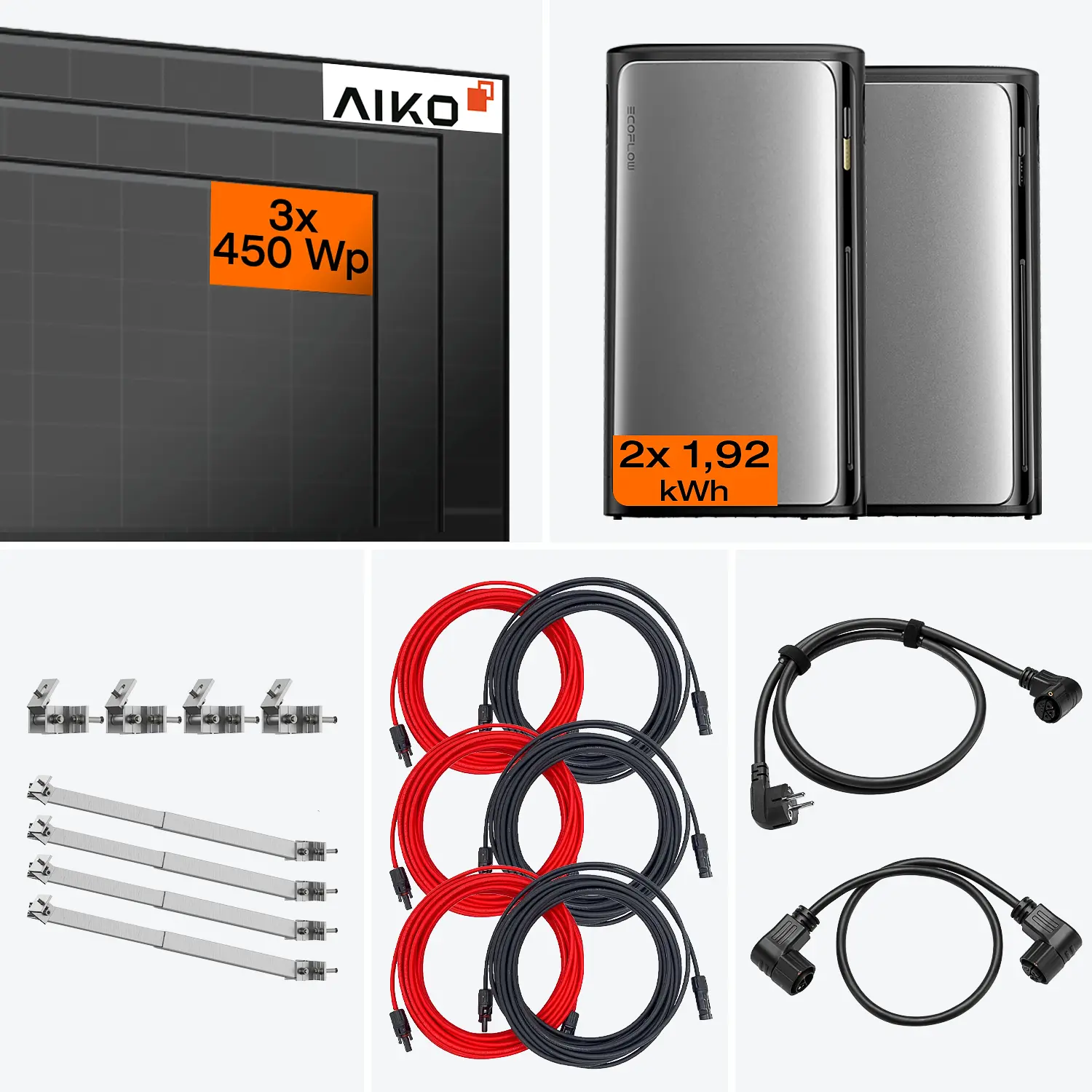 Lieferumfang Balkonkraftwerk Pro 1350 W mit AC Pro Speicher – Komplettset mit Fassade 50° Halterung 