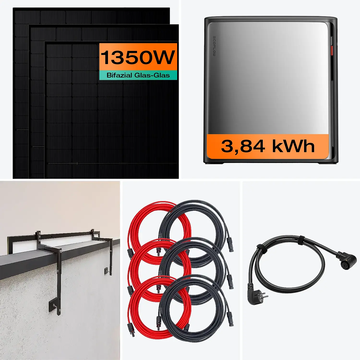Balkonkraftwerk mit Speicher 1350 W & 3,8 kWh Komplettset mit Betonbrüstung Halterung (10-15 cm)