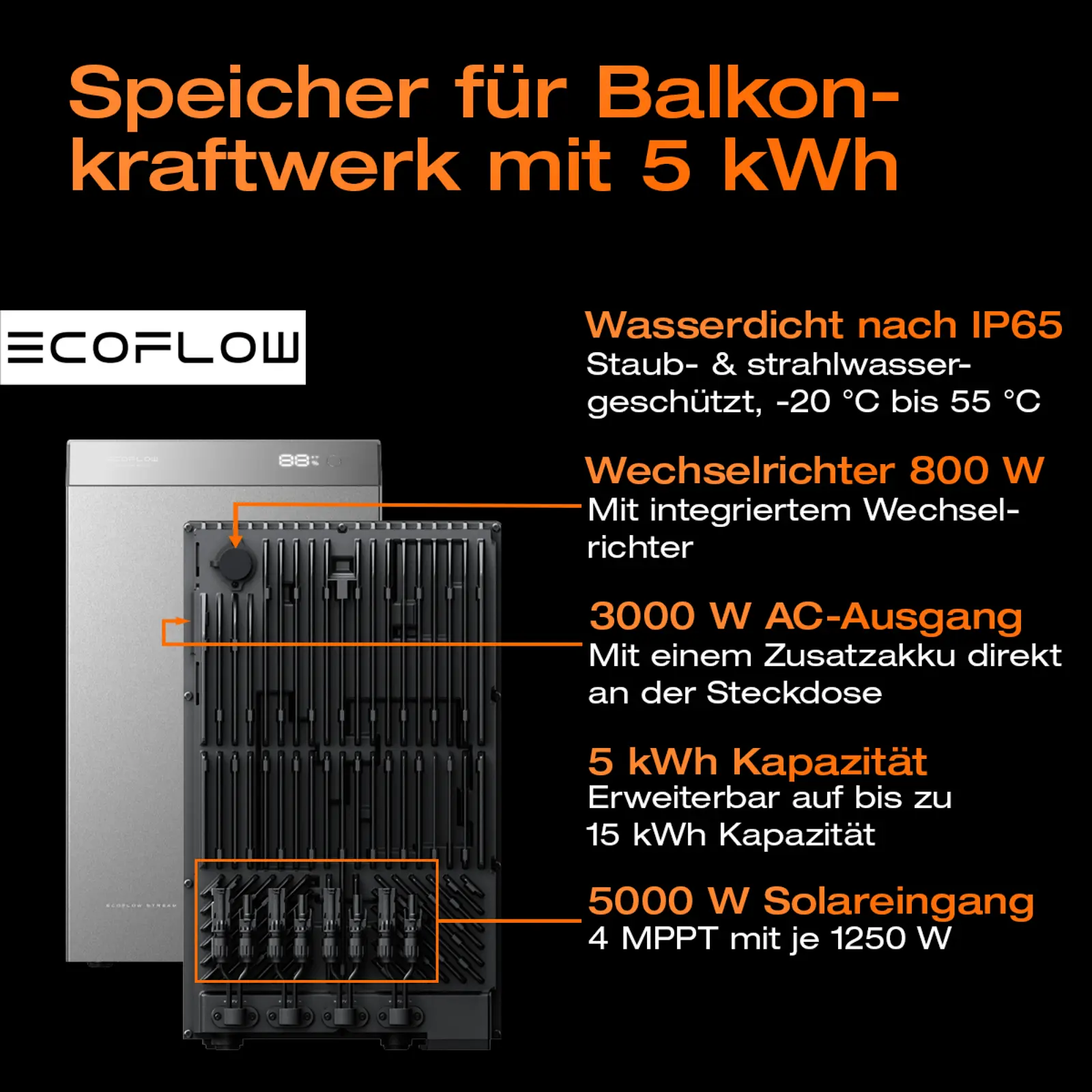 Balkonkraftwerk mit Speicher 5 kWh, 970 W mit Balkonhalterung