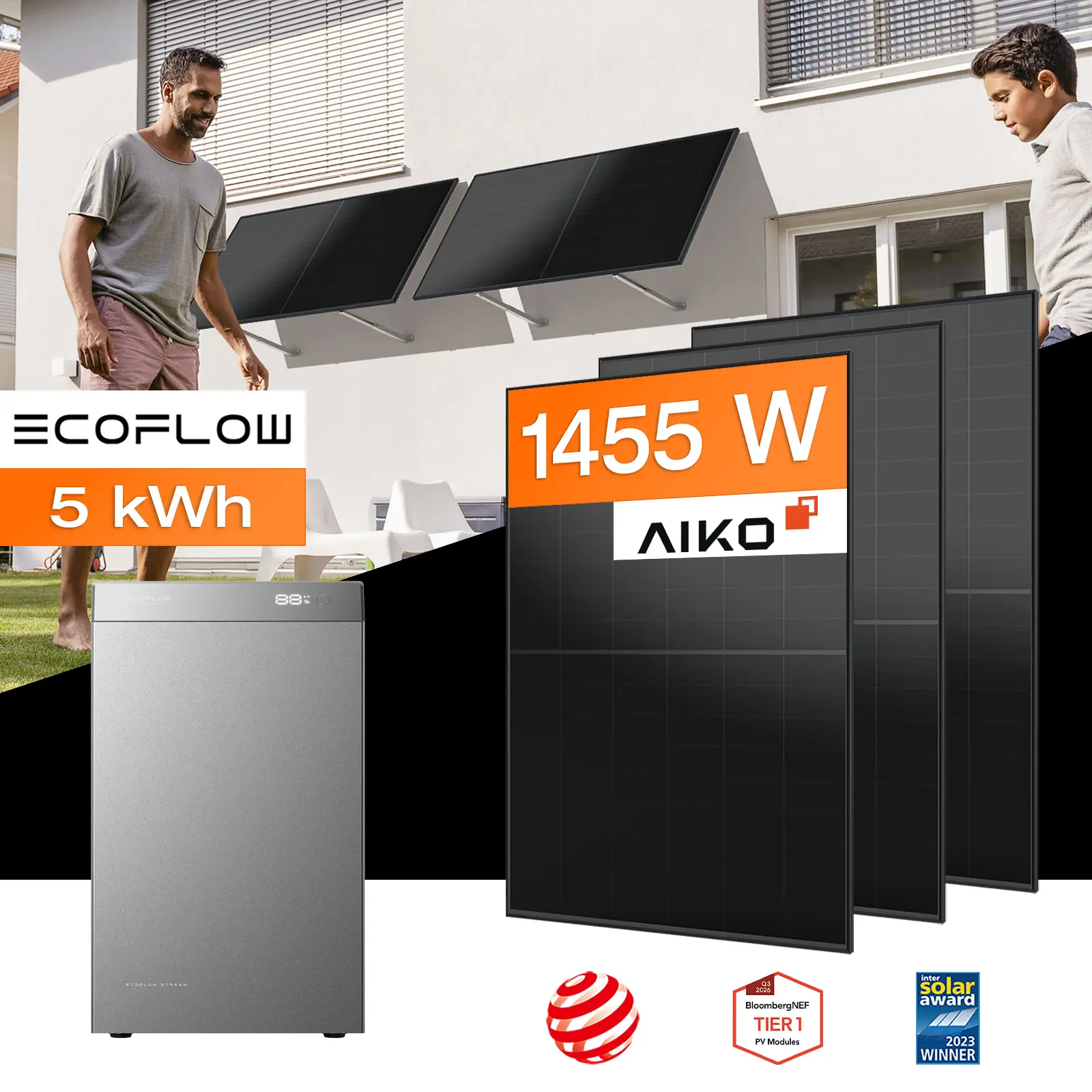 Balkonkraftwerk mit Speicher 5 kWh, 1455 W mit Fassadenhalterung Vario