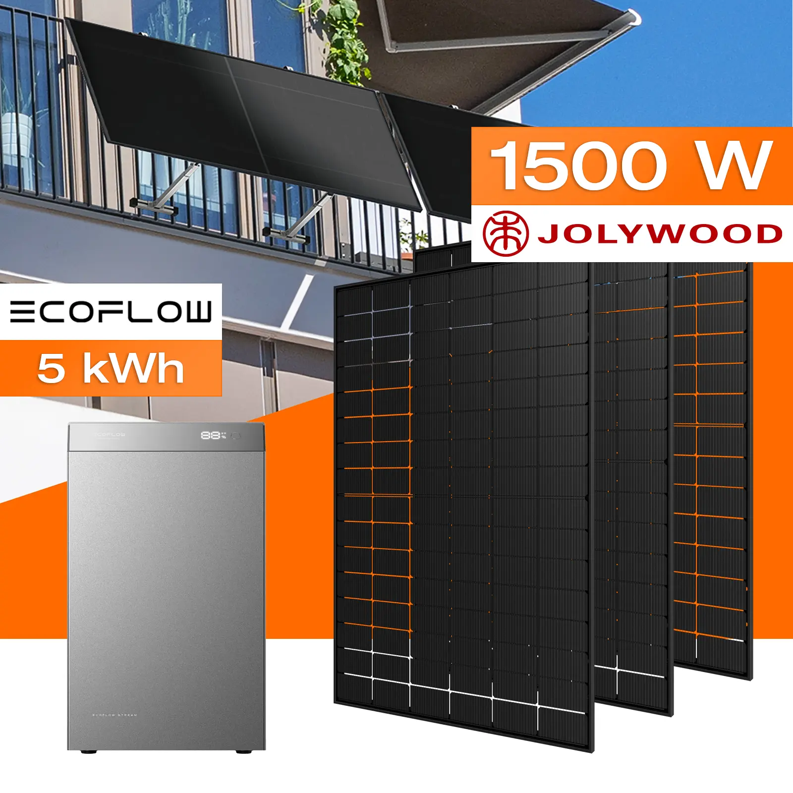 Balkonkraftwerk mit Speicher 5 kWh, 1500 W mit Balkonhalterung