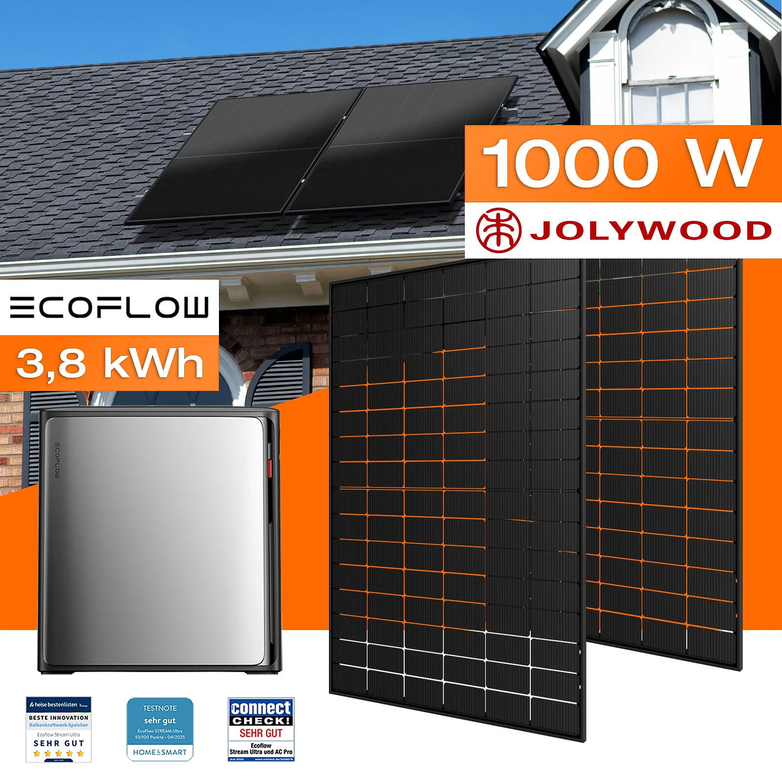 Balkonkraftwerk mit Speicher 3,84 kWh, 1000 W Mit Montagesystem für Ziegeldach