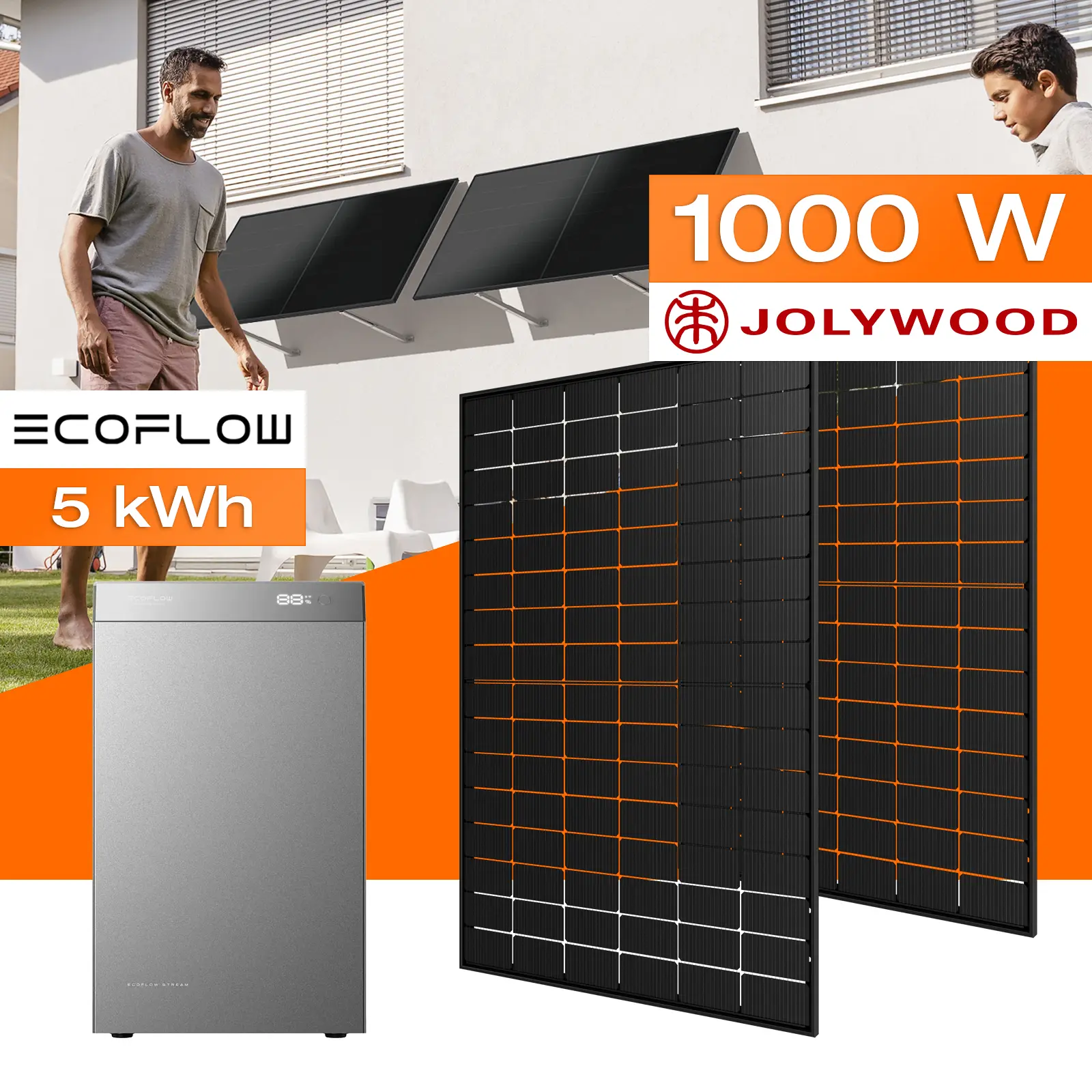 Balkonkraftwerk mit Speicher 5 kWh, 1000 W mit Fassadenhalterung Vario
