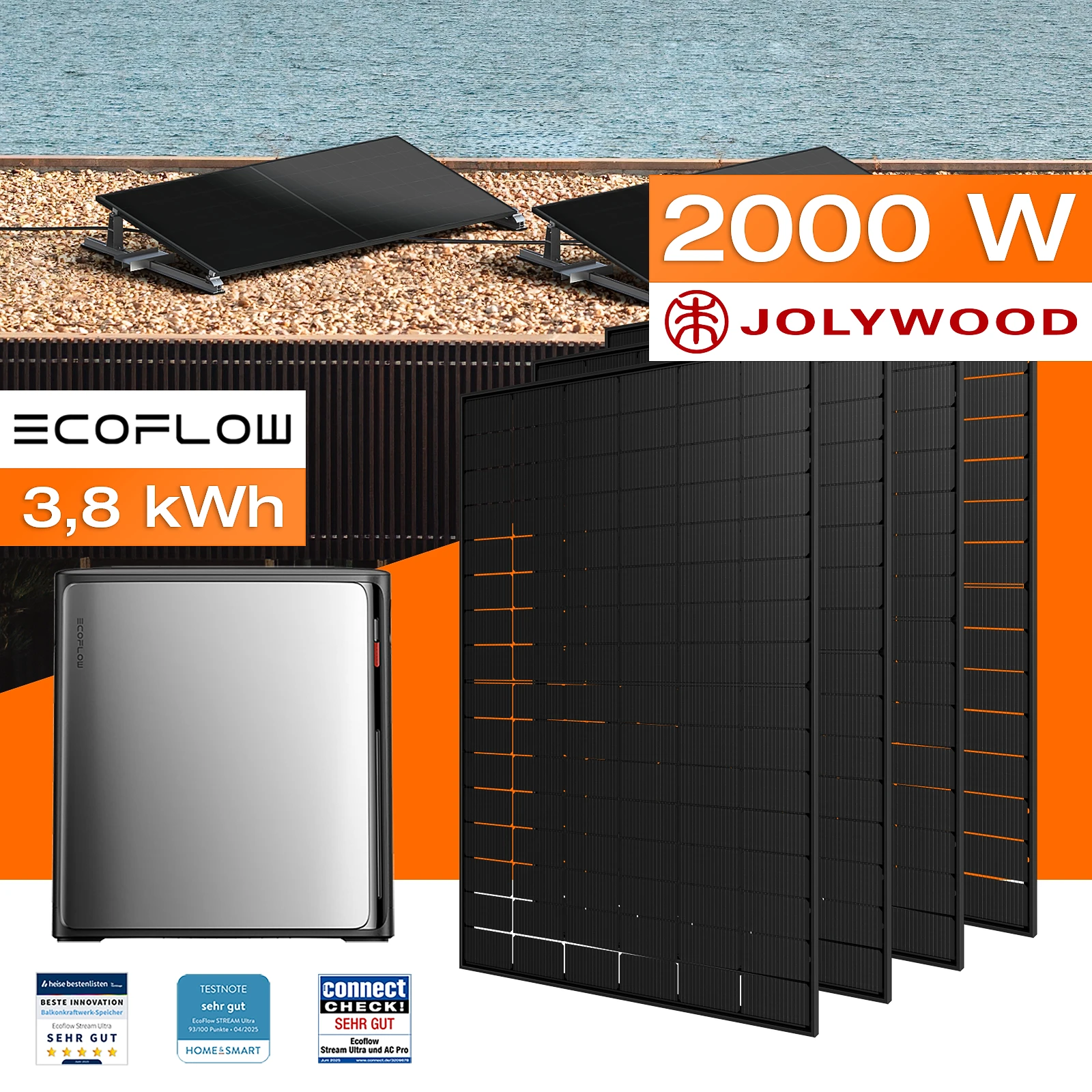 Balkonkraftwerk mit Speicher 3,84 kWh, 2000 W mit Flachdach / Garten Halterung