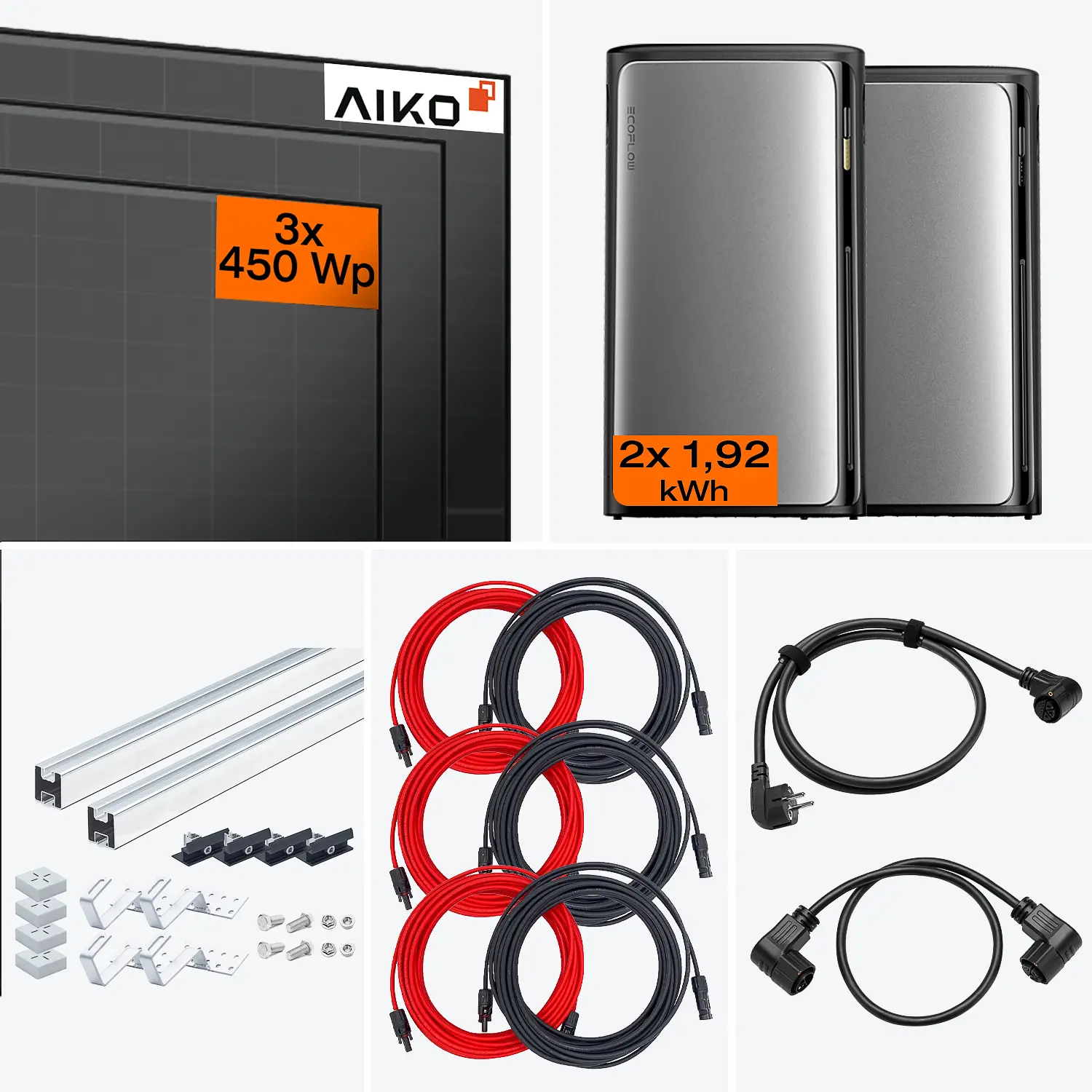 Lieferumfang Balkonkraftwerk Pro 1350 W mit AC Pro Speicher – Komplettset mit Ziegeldachhalterung 
