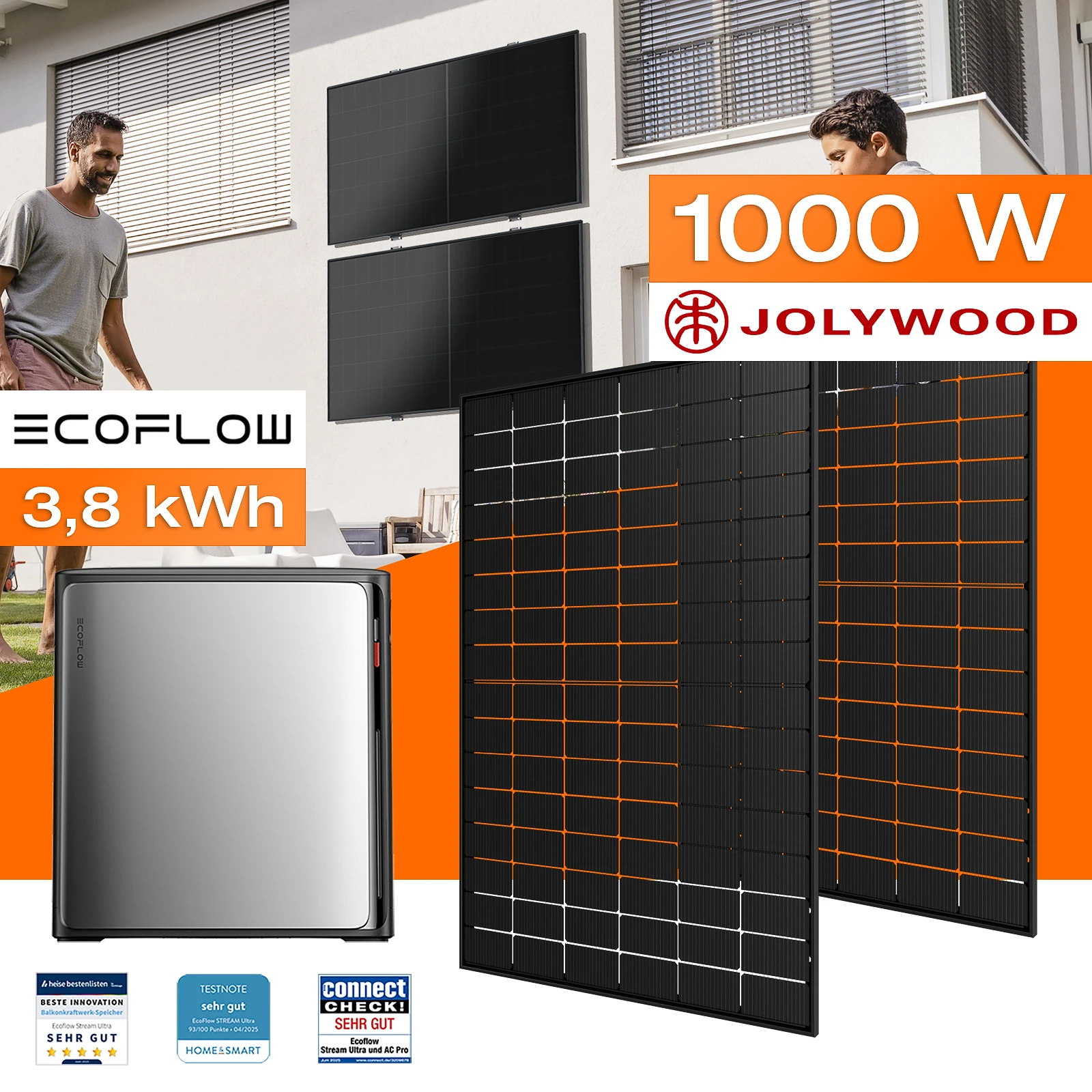 Balkonkraftwerk mit Speicher 3,84 kWh, 1000 W mit Fassadenhalterung