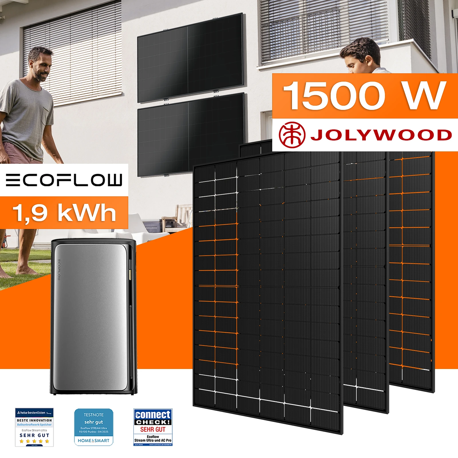 Balkonkraftwerk mit Speicher 1,92 kWh, 1500 W mit Fassadenhalterung