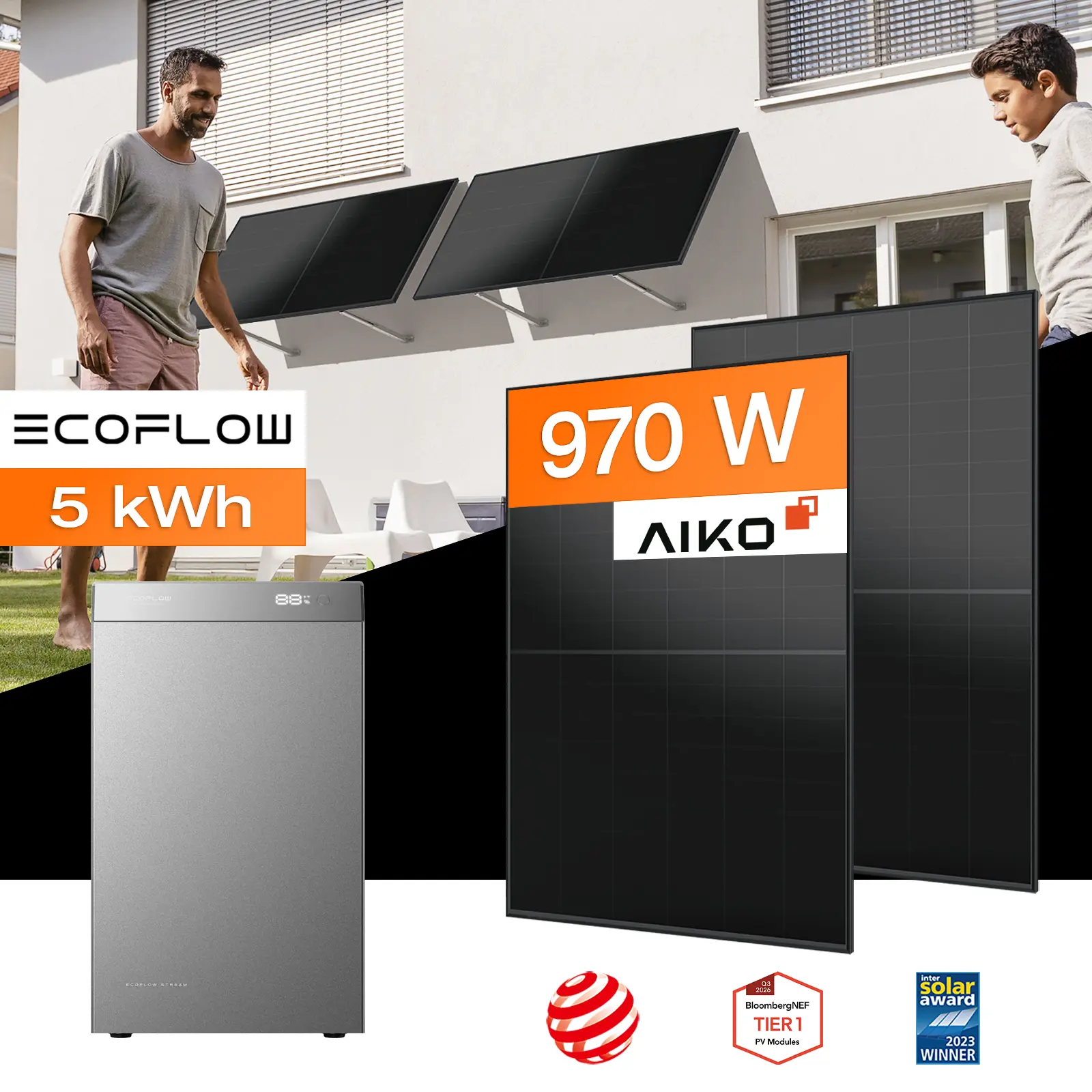 Balkonkraftwerk mit Speicher 5 kWh, 970 W mit Fassadenhalterung Vario