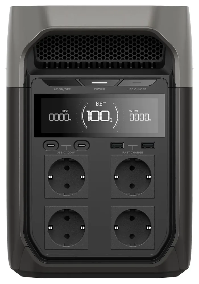 EcoFlow DELTA 3 Powerstation von vorn mit Display und vier Steckdosen