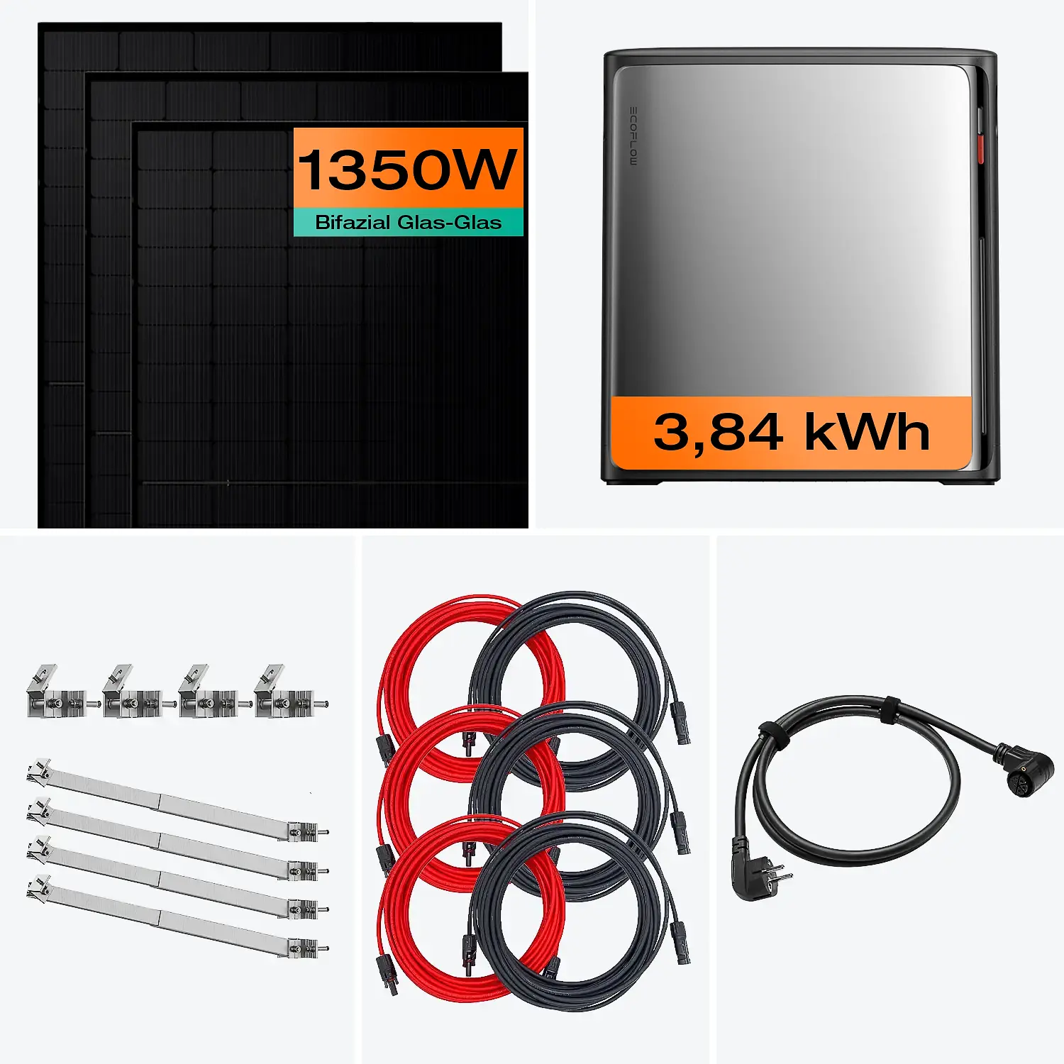 Balkonkraftwerk mit Speicher 1350 W & 3,8 kWh Komplettset mit Fassade 50° Halterung