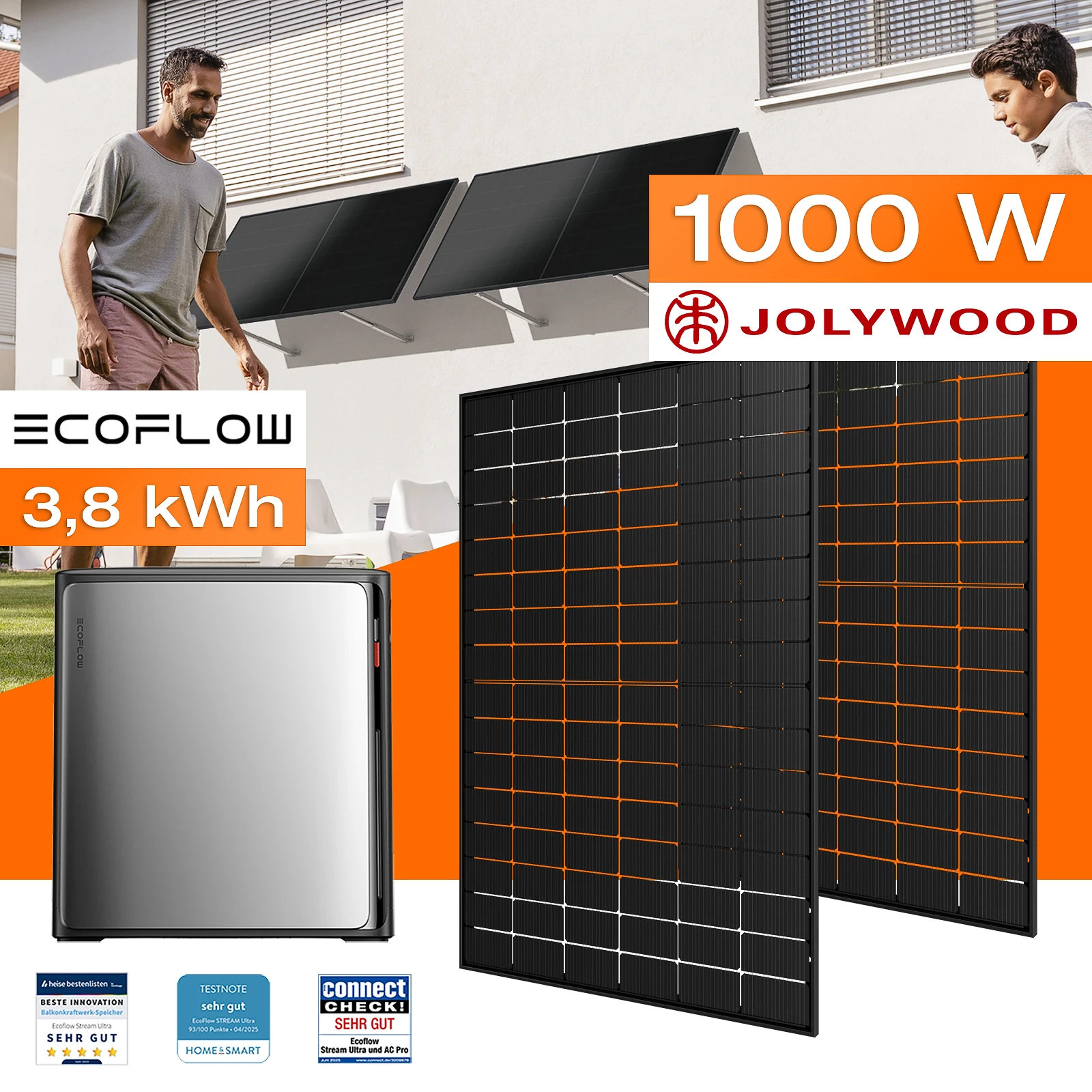 Balkonkraftwerk mit Speicher 3,84 kWh, 1000 W mit Fassadenhalterung Vario