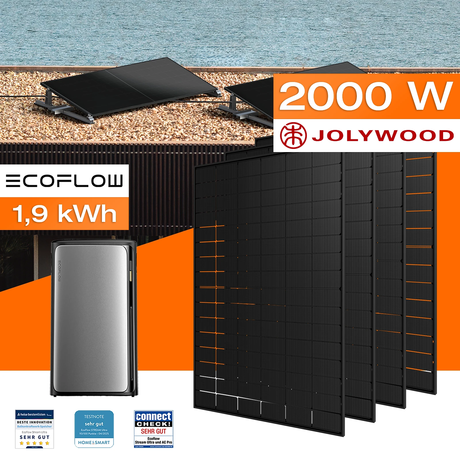 Balkonkraftwerk mit Speicher 1,92 kWh, 2000 W mit Flachdach / Garten Halterung