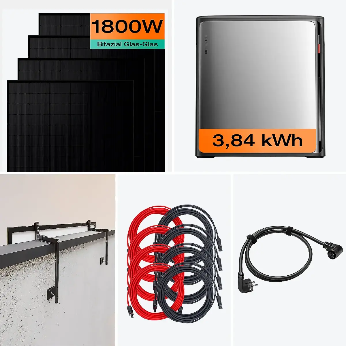 Balkonkraftwerk mit Speicher 1800 W & 3,8 kWh Komplettset mit Betonbrüstung Halterung (18-23 cm)